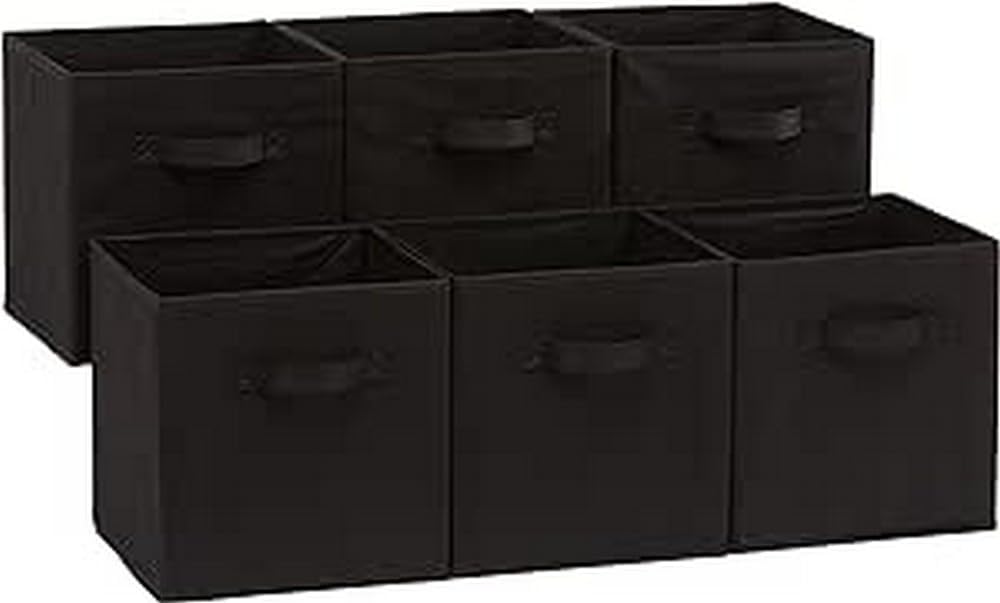 Amazon Basics Collapsible Fabric Storage Bins Organizer with Handles, Sturdy, Foldable, 10.5" x 10.5" x 11", Black, 6-Pack