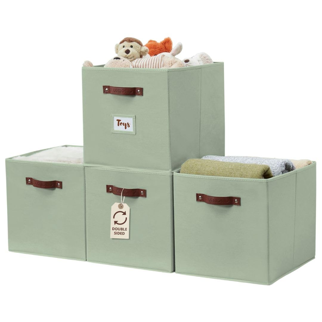 DECOMOMO Storage Bins, Cube Storage Bin with Labels, Fabric Storage Cubes for Shelves (10.5" x 11" / 6pcs, Sage Green)