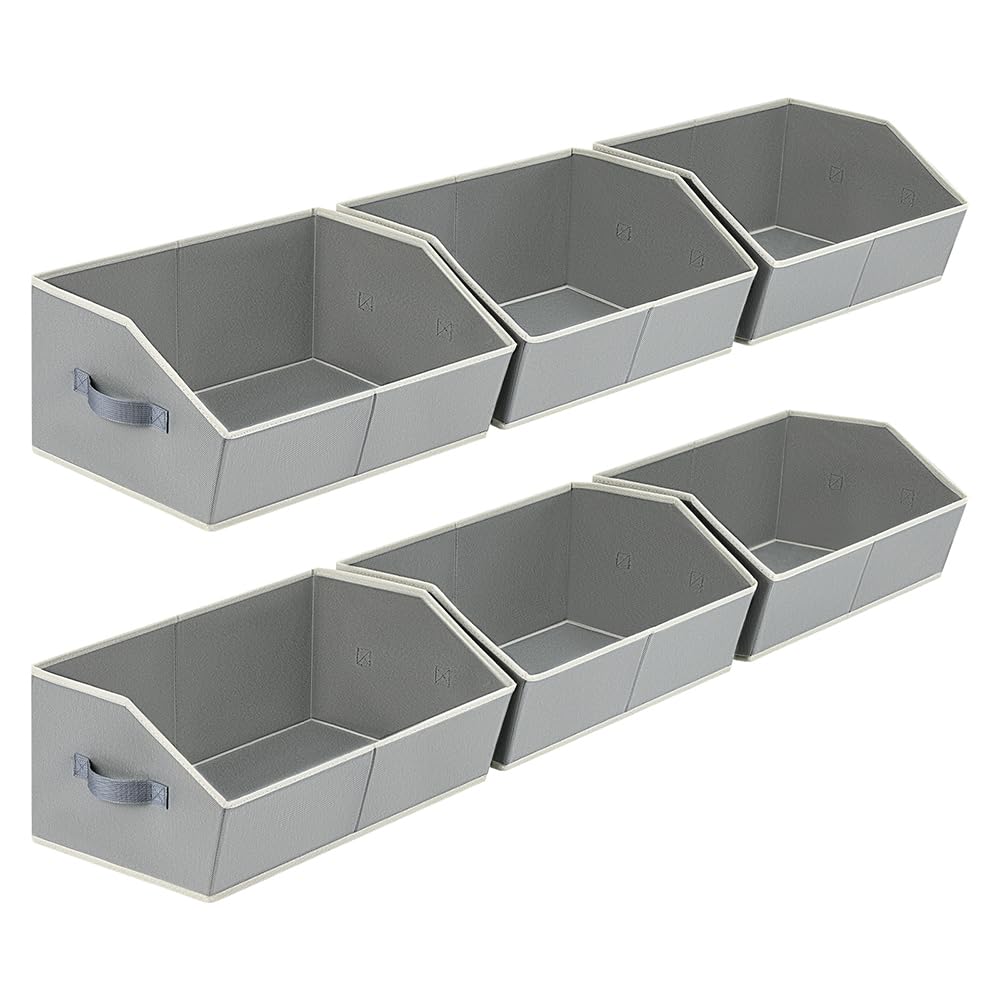 Closet Organizers Bins 6 Packs - Large Closet Shelf Organizer with Handles, Fabric Trapezoid Storage Bins, Collapsible Storage Cubes for Clothes, Towels, Light Gray