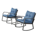 3 Piece Rocking Bistro Patio Set, Outdoor Rocking Chair, Outdoor Bistro Sets Wicker Patio Furniture Rocking Chairs Sectional Couch with Tempered Glass Top Coffee Table & Cushions, Dark Blue