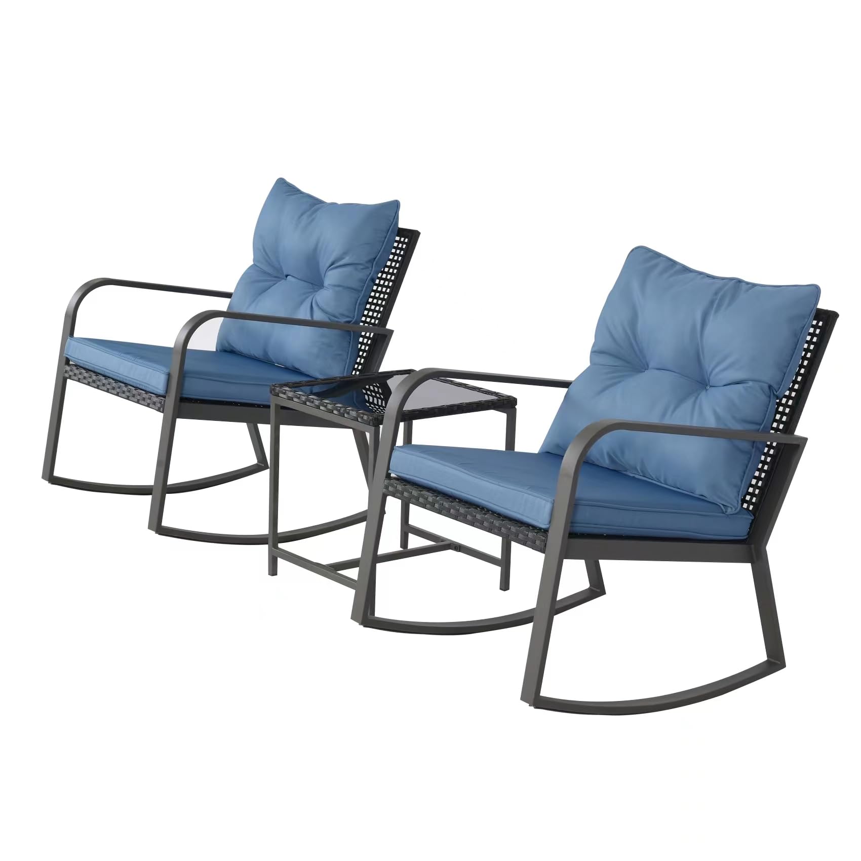3 Piece Rocking Bistro Patio Set, Outdoor Rocking Chair, Outdoor Bistro Sets Wicker Patio Furniture Rocking Chairs Sectional Couch with Tempered Glass Top Coffee Table & Cushions, Dark Blue