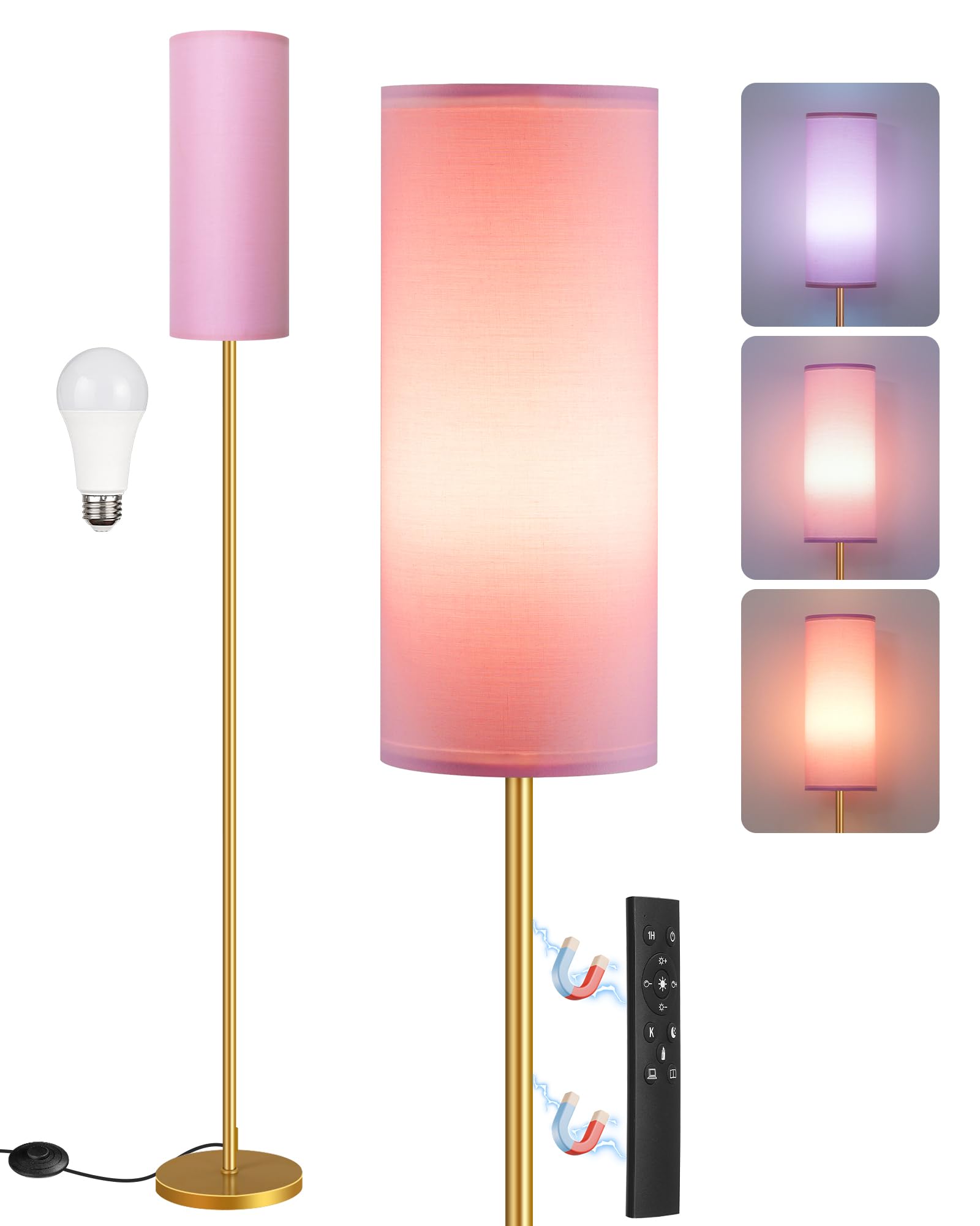 Set of 2 Dimmable Floor Lamps for Living Room with 2 Remotes and Foot Switch, Modern Standing Tall Lamp, Corner Lamp for Bedroom, Bulb Included, 3000K-6500K, Beige and Gold DE06LDP205W1