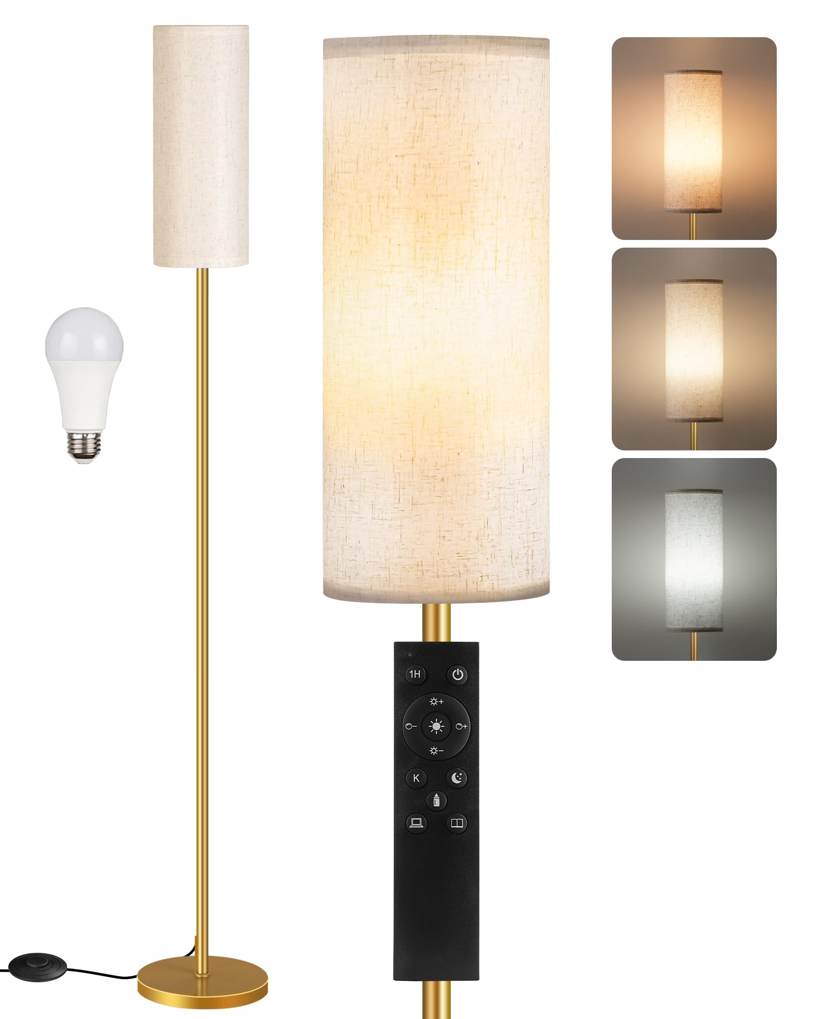 Set of 2 Dimmable Floor Lamps for Living Room with 2 Remotes and Foot Switch, Modern Standing Tall Lamp, Corner Lamp for Bedroom, Bulb Included, 3000K-6500K, Beige and Gold DE06LDP205W1