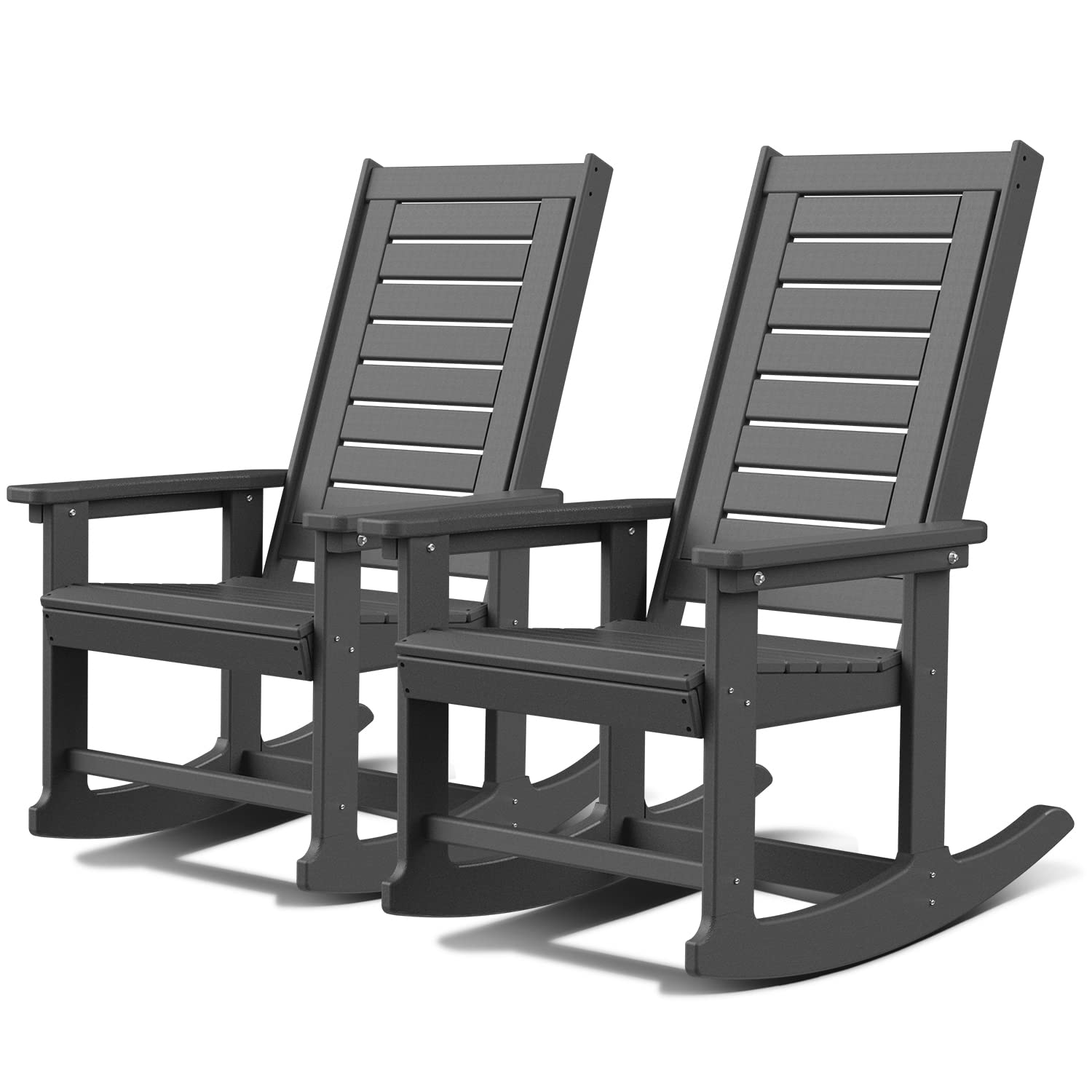 GREENVINES Outdoor Rocking Chairs | Set of 2 | Porch Rocker | HDPE Plastic | Black | Oversized Rockers | High Back | Big & Tall | Ladder Back | for Patio Outside Backyard Balcony