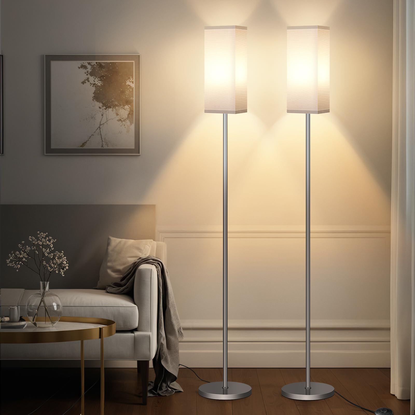 Set of 2 Floor Lamps for Living Room, Modern Tall Standing Lamps with Foot Switches, Bulb Not Included, 64.6'', for Living Room, Bedroom, Kids Room, ETL Listed, Beige and Black E07LDP205W1