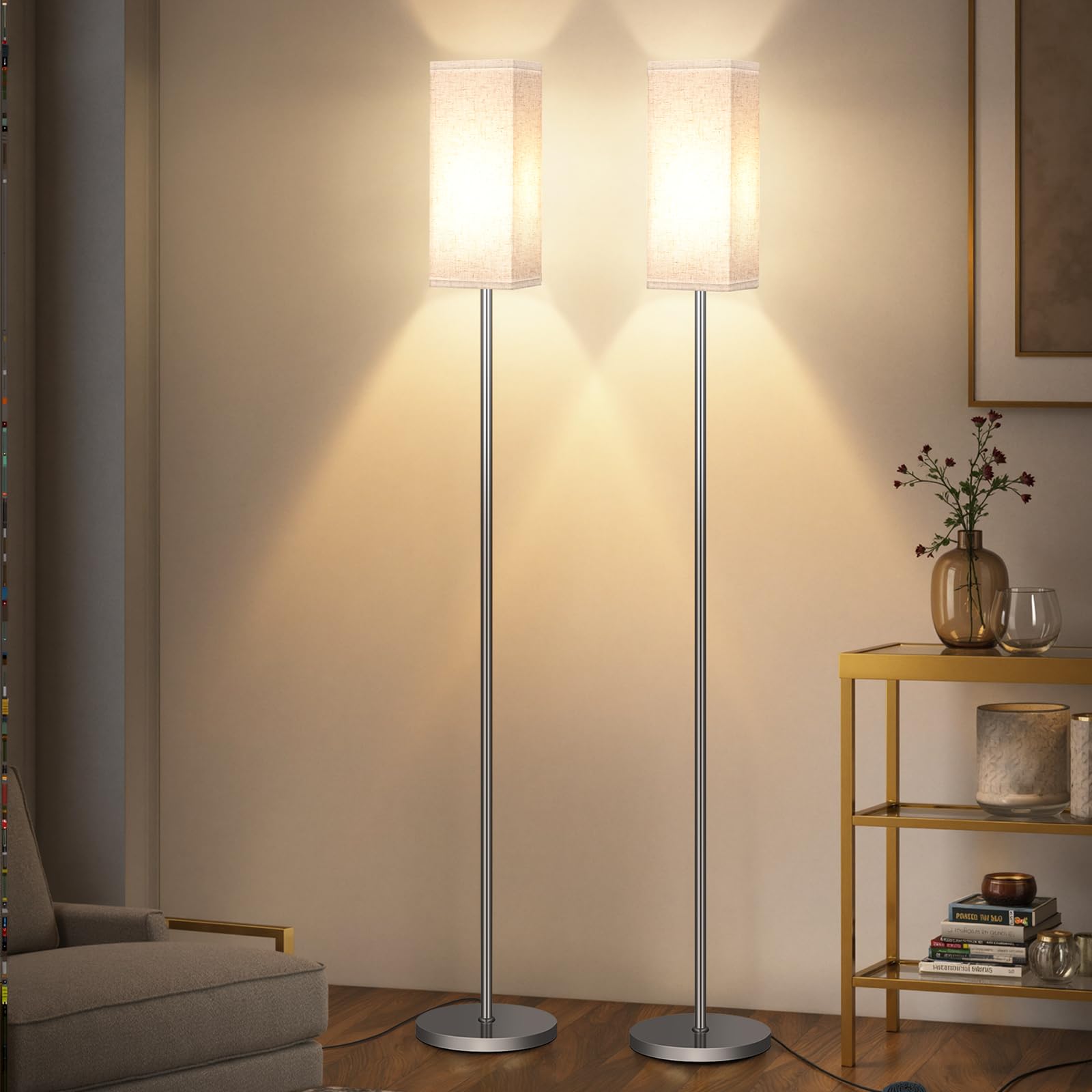 Set of 2 Floor Lamps for Living Room, Modern Tall Standing Lamps with Foot Switches, Bulb Not Included, 64.6'', for Living Room, Bedroom, Kids Room, ETL Listed, Beige and Black E07LDP205W1