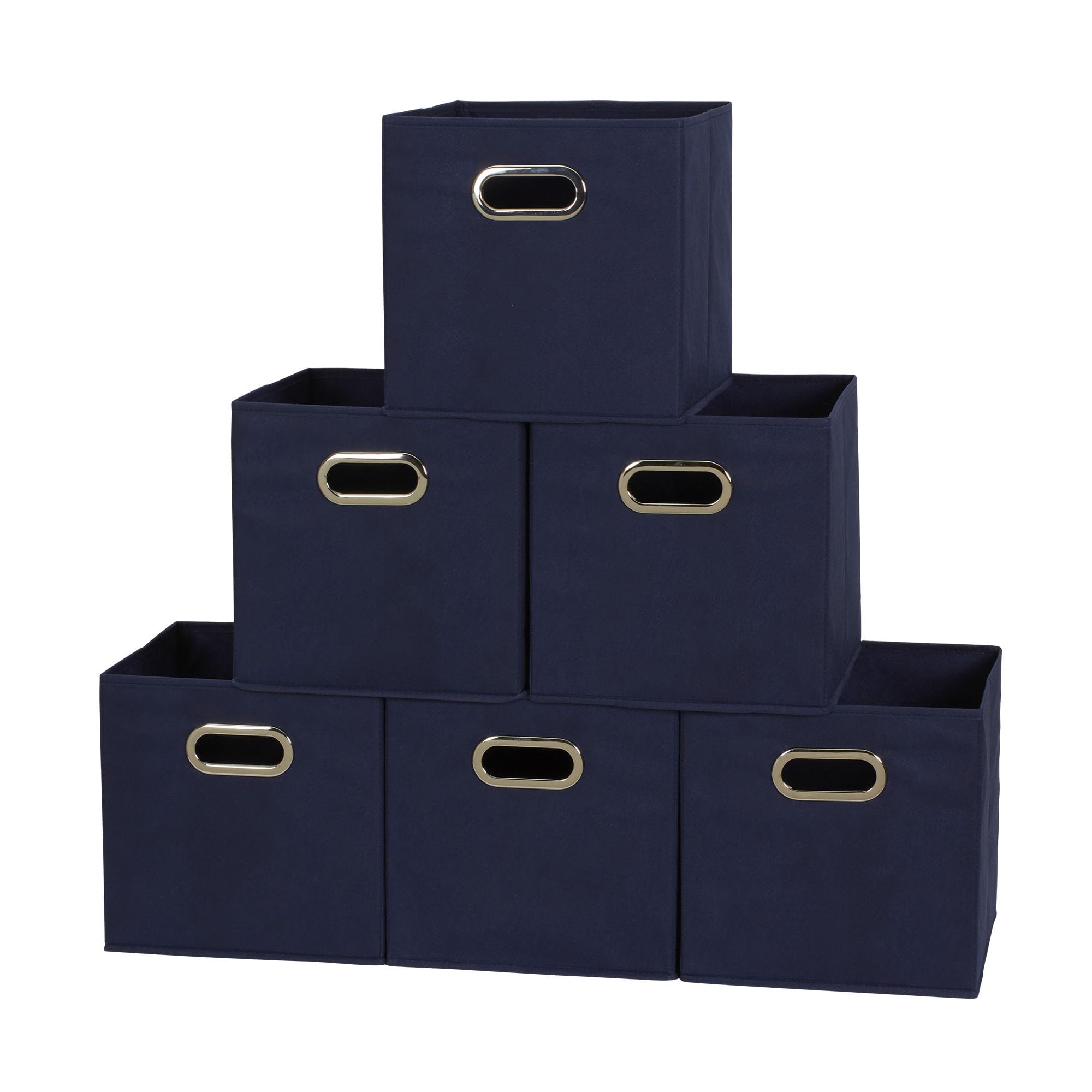 Household Essentials Foldable Fabric Storage Bins 6 Piece Set, Strong Poly-Woven Fabric, Sturdy Chipboard Sides, Grommet Front Handle, Stackable and Foldable, Classic Design, Black