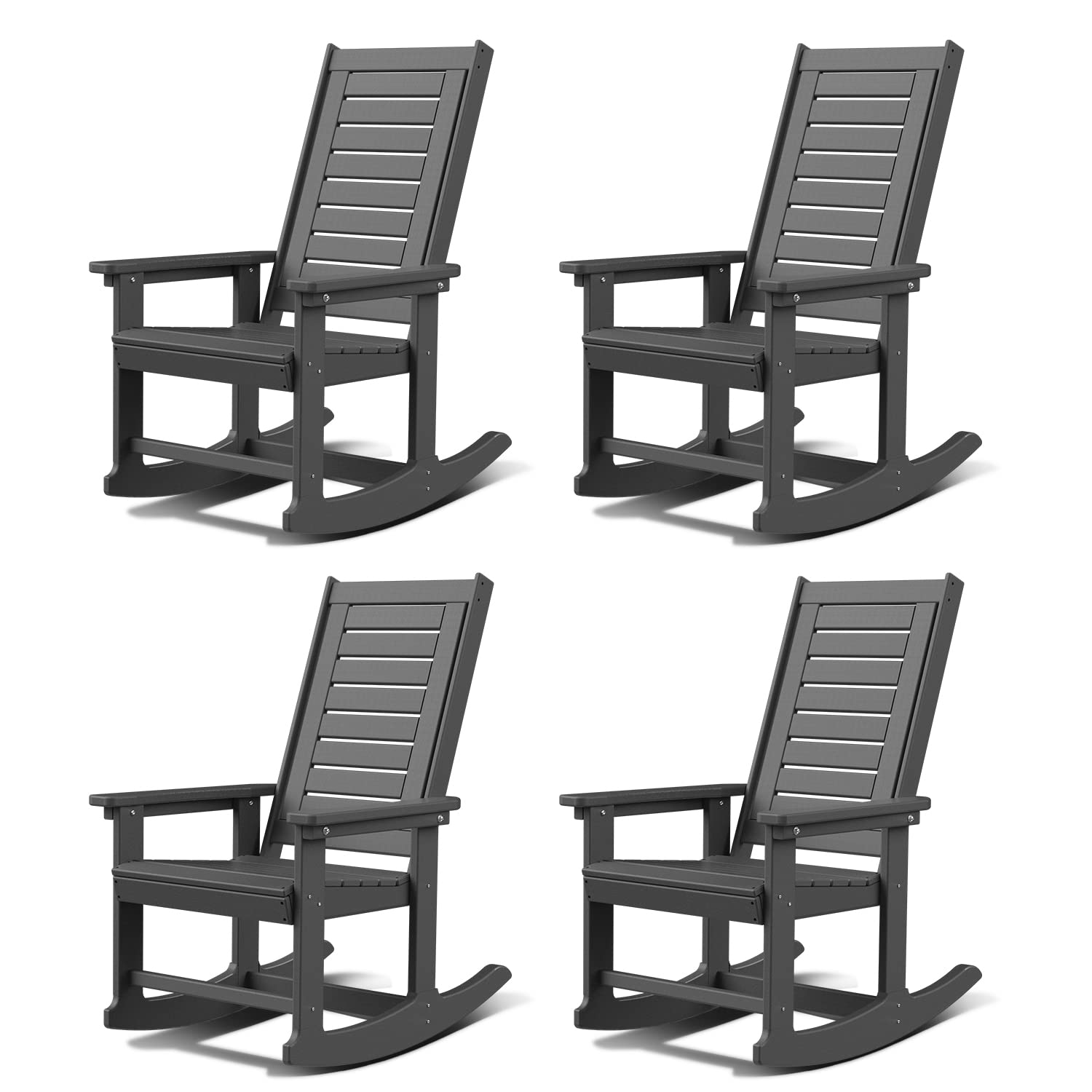 GREENVINES Outdoor Rocking Chairs | Set of 2 | Porch Rocker | HDPE Plastic | Black | Oversized Rockers | High Back | Big & Tall | Ladder Back | for Patio Outside Backyard Balcony