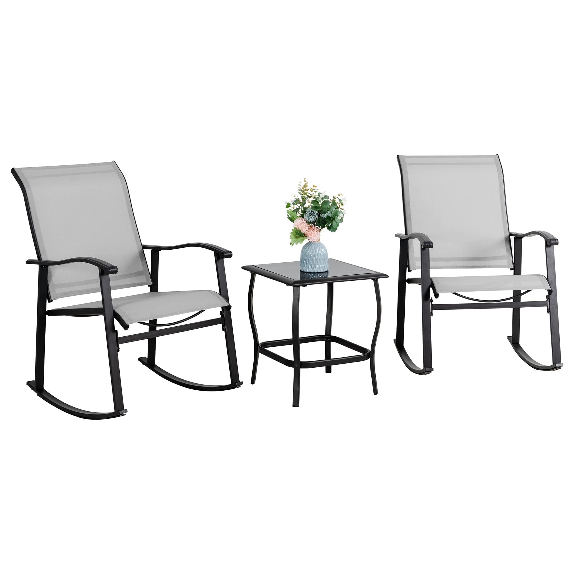 Vongrasig 3 Piece Outdoor Rocking Bistro Set, Textilene Fabric Small Patio Furniture Set, Front Porch Rocker Chairs Conversation Set with Glass Table for Lawn, Garden, Balcony, Poolside (Brown)