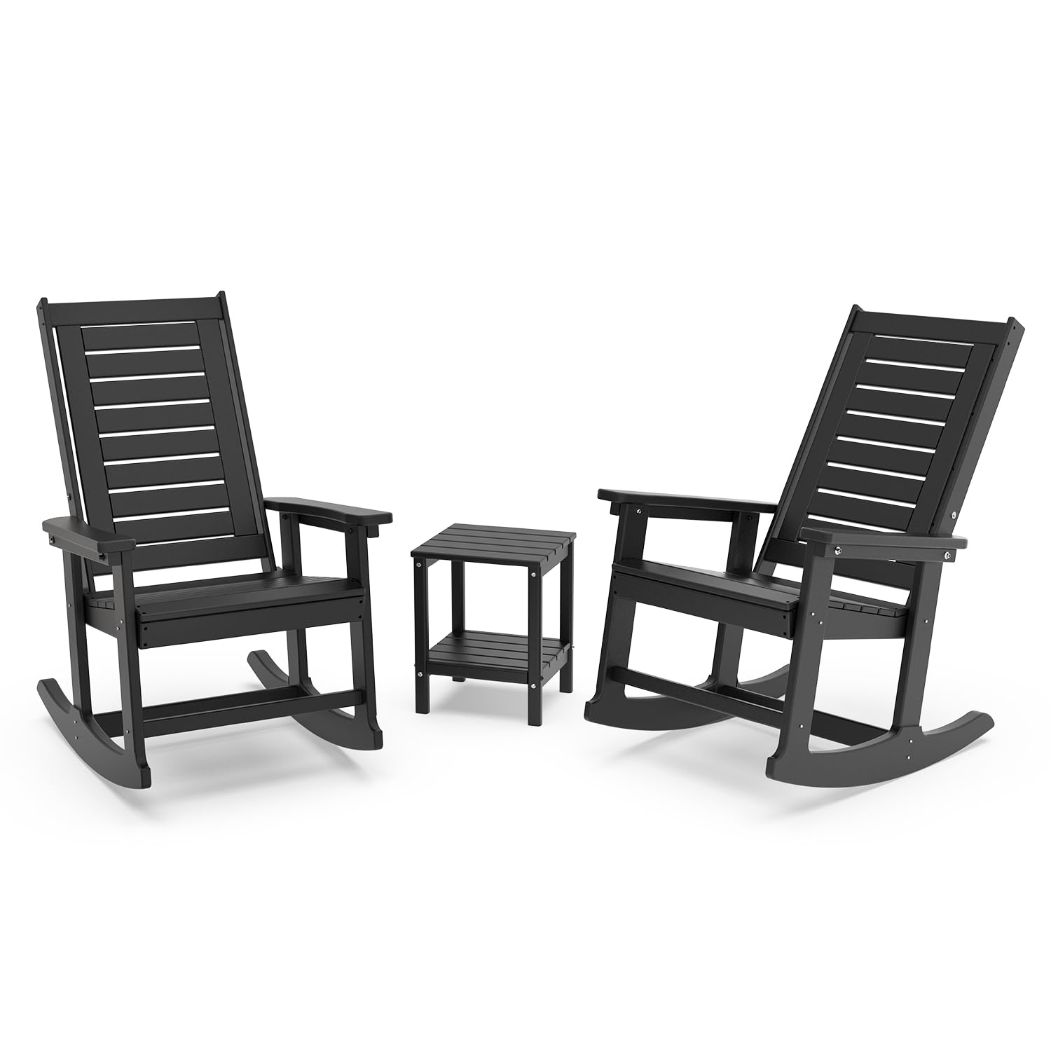 GREENVINES Outdoor Rocking Chairs | Set of 2 | Porch Rocker | HDPE Plastic | Black | Oversized Rockers | High Back | Big & Tall | Ladder Back | for Patio Outside Backyard Balcony