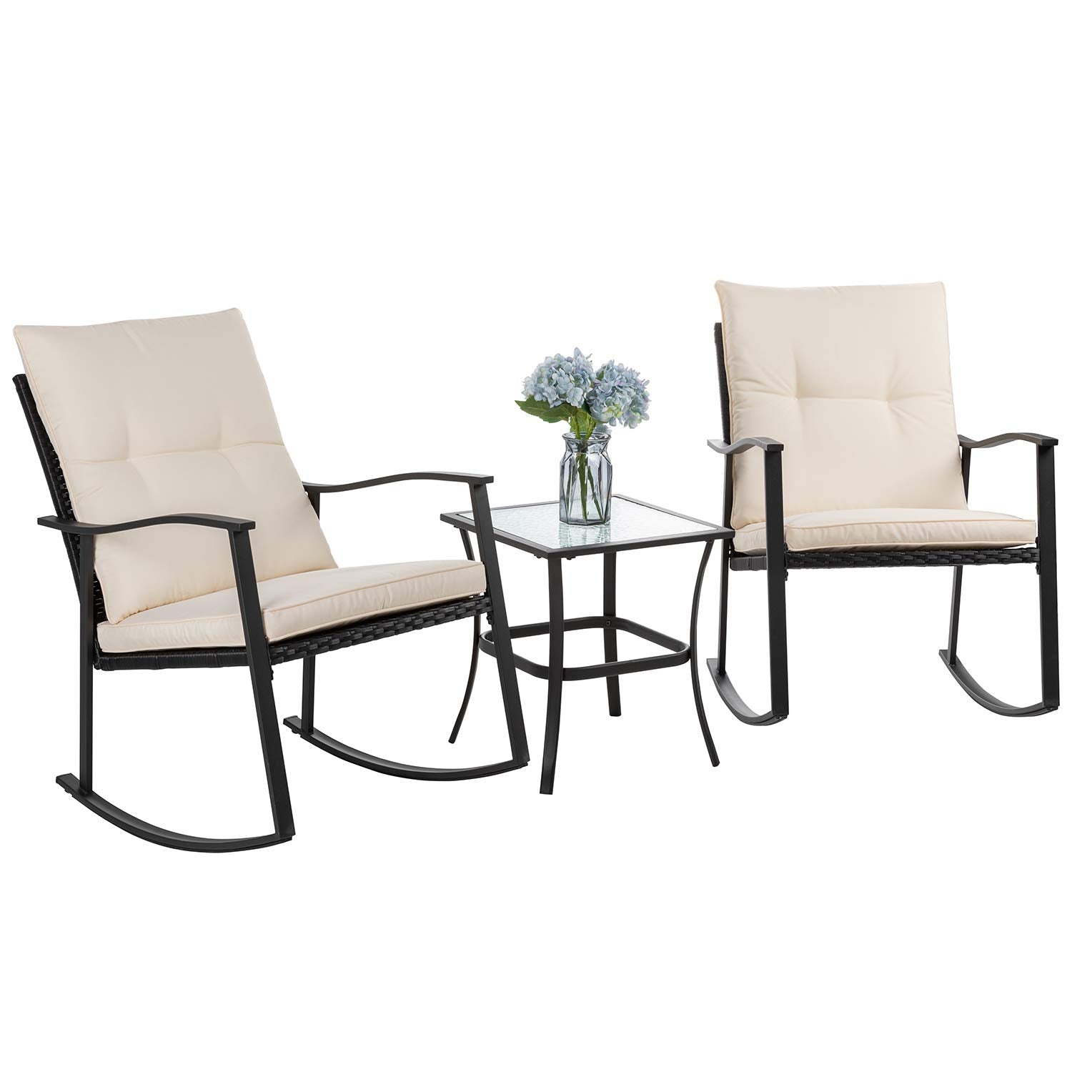 Vongrasig 3 Piece Outdoor Rocking Bistro Set, Textilene Fabric Small Patio Furniture Set, Front Porch Rocker Chairs Conversation Set with Glass Table for Lawn, Garden, Balcony, Poolside (Brown)