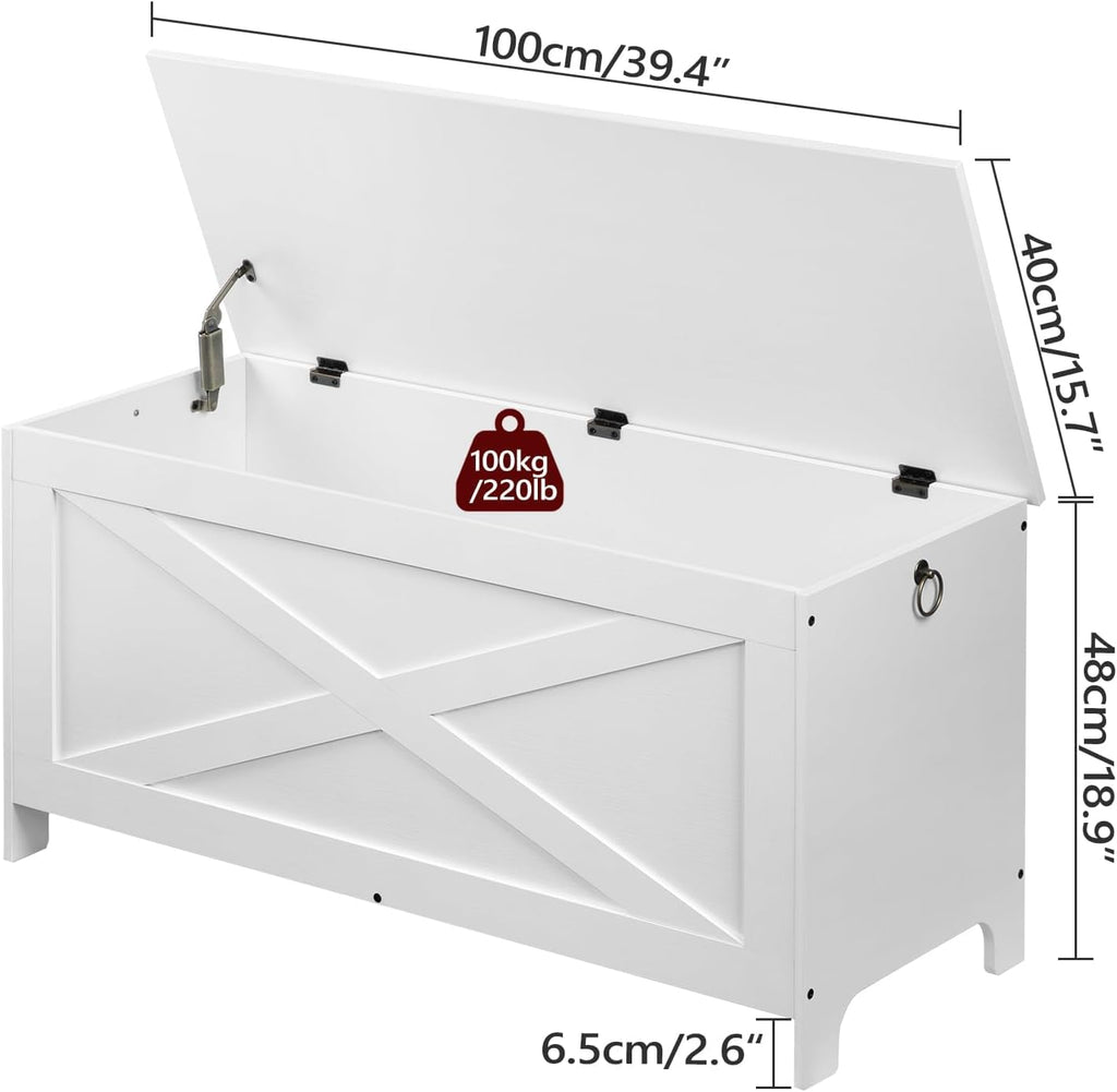 39.4" Toy Chest, Sturdy Entryway Storage Chest with Safety Hinges, Retro Toy Box, Wooden Look Accent Furniture for Living Room, Bedroom, White SCWT48101Z1
