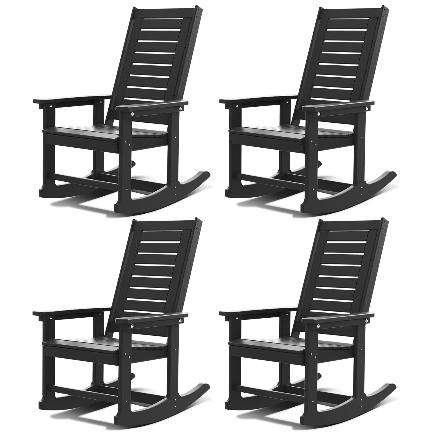 GREENVINES Outdoor Rocking Chairs | Set of 2 | Porch Rocker | HDPE Plastic | Black | Oversized Rockers | High Back | Big & Tall | Ladder Back | for Patio Outside Backyard Balcony