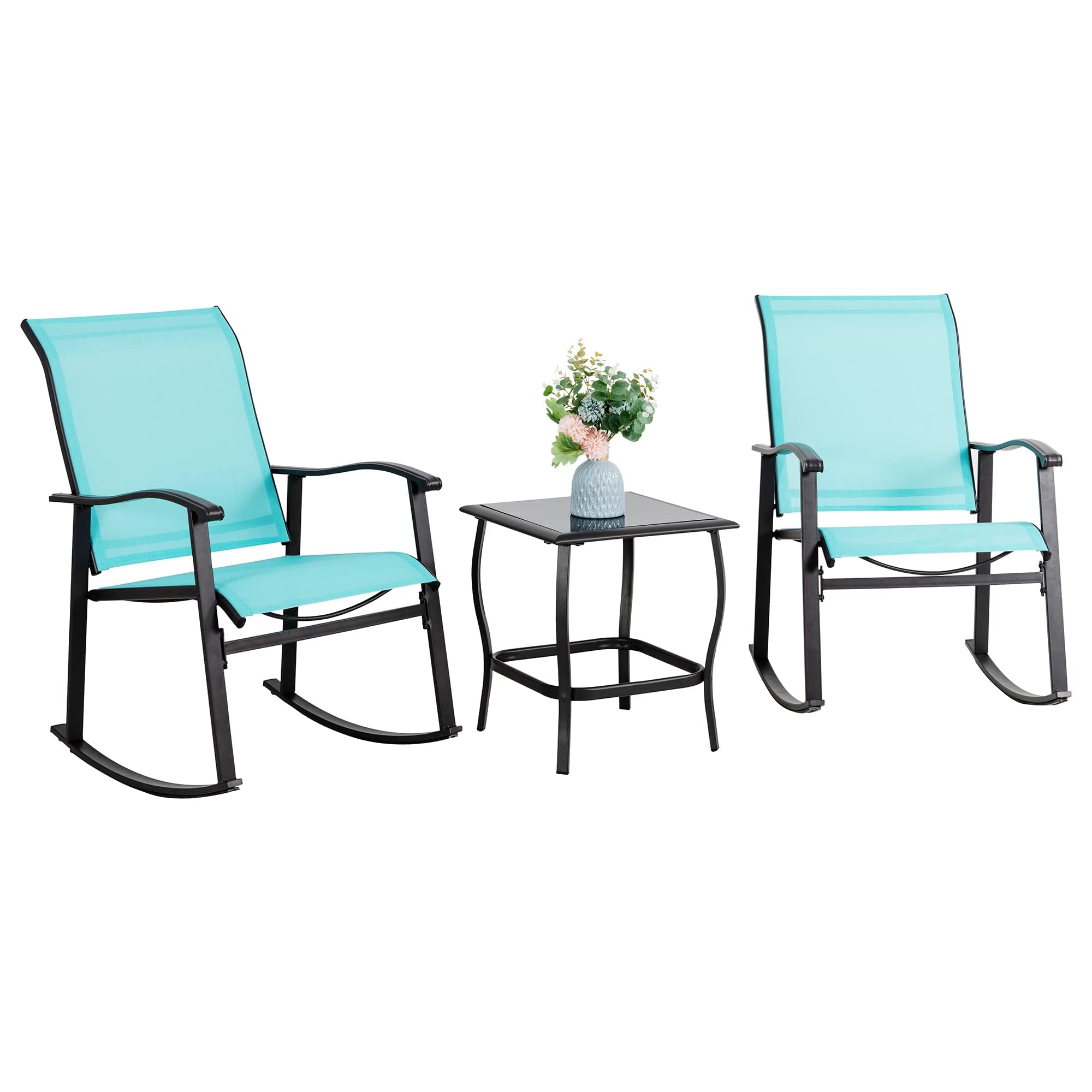 Vongrasig 3 Piece Outdoor Rocking Bistro Set, Textilene Fabric Small Patio Furniture Set, Front Porch Rocker Chairs Conversation Set with Glass Table for Lawn, Garden, Balcony, Poolside (Brown)