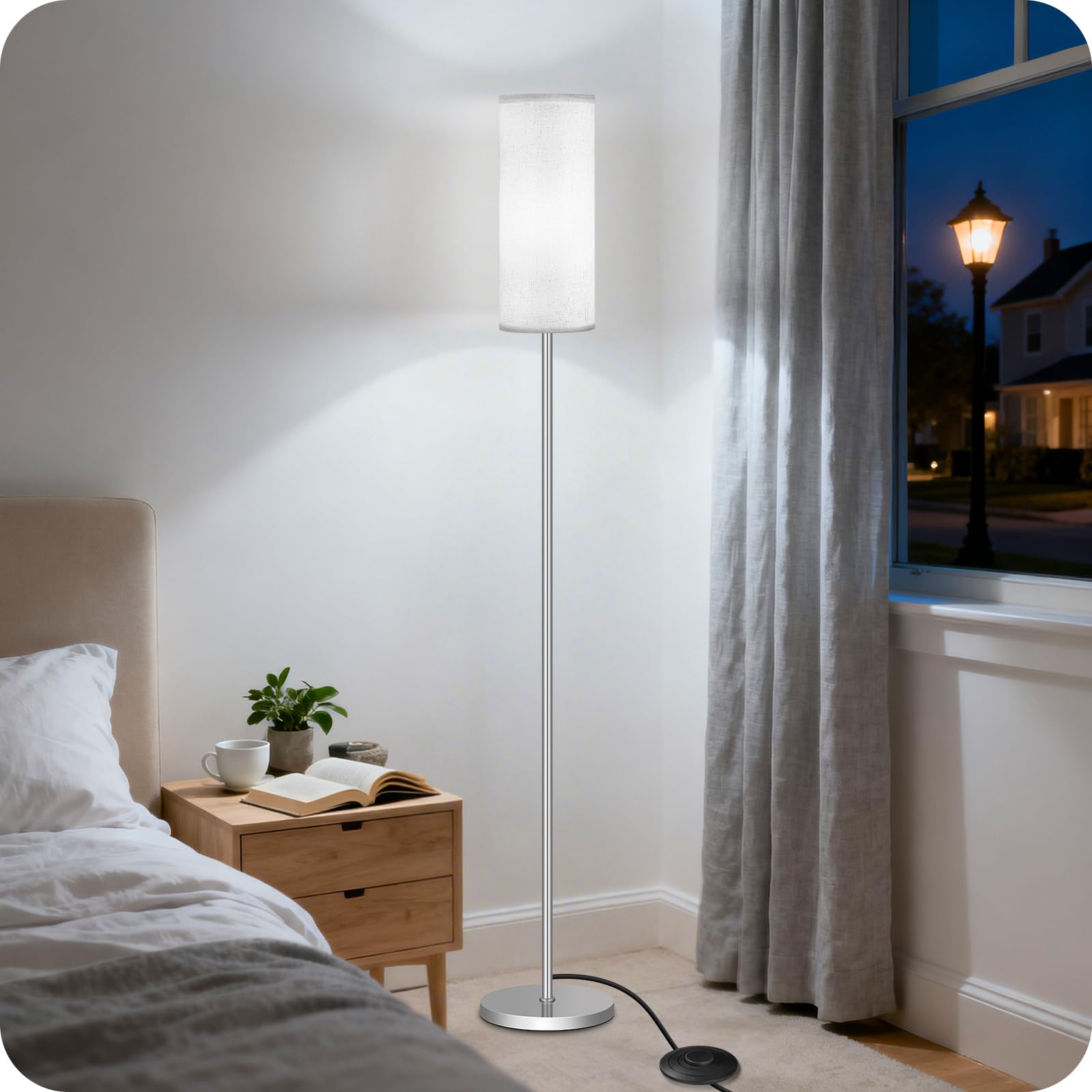 Set of 2 Dimmable Floor Lamps for Living Room with 2 Remotes and Foot Switch, Modern Standing Tall Lamp, Corner Lamp for Bedroom, Bulb Included, 3000K-6500K, Beige and Gold DE06LDP205W1