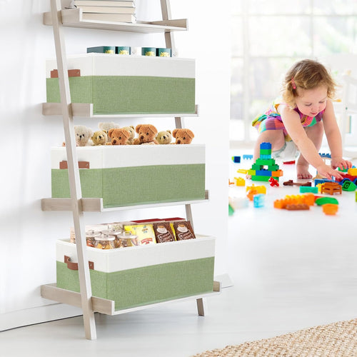 3 Pack Large Capacity Storage Bins Closet Organizer for Shelves, Fabric Closet Storage Baskets Boxes with Leather Handles for Organizing Clothes, Sheets, Jeans, Toys, Books (Green)
