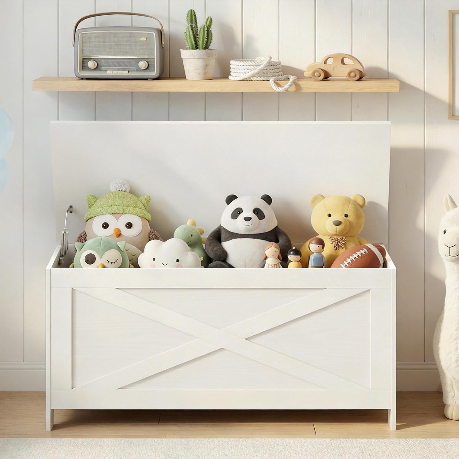 39.4" Toy Chest, Sturdy Entryway Storage Chest with Safety Hinges, Retro Toy Box, Wooden Look Accent Furniture for Living Room, Bedroom, White SCWT48101Z1