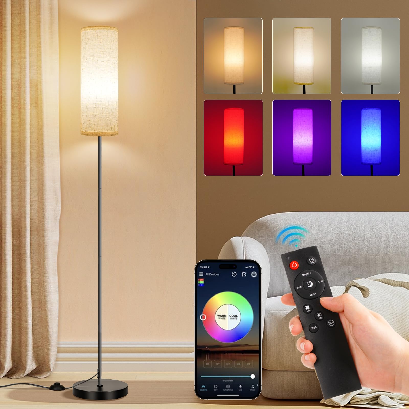 FRIDEKO HOME 2 Pack Floor Lamps for Living Room, Dimmable Colors Temperature & Brightness, Modern Floor Lamp with Remote, Tall Standing Lamps for Living Room Bedroom Office, Beige Shade 9W Smart Bulb