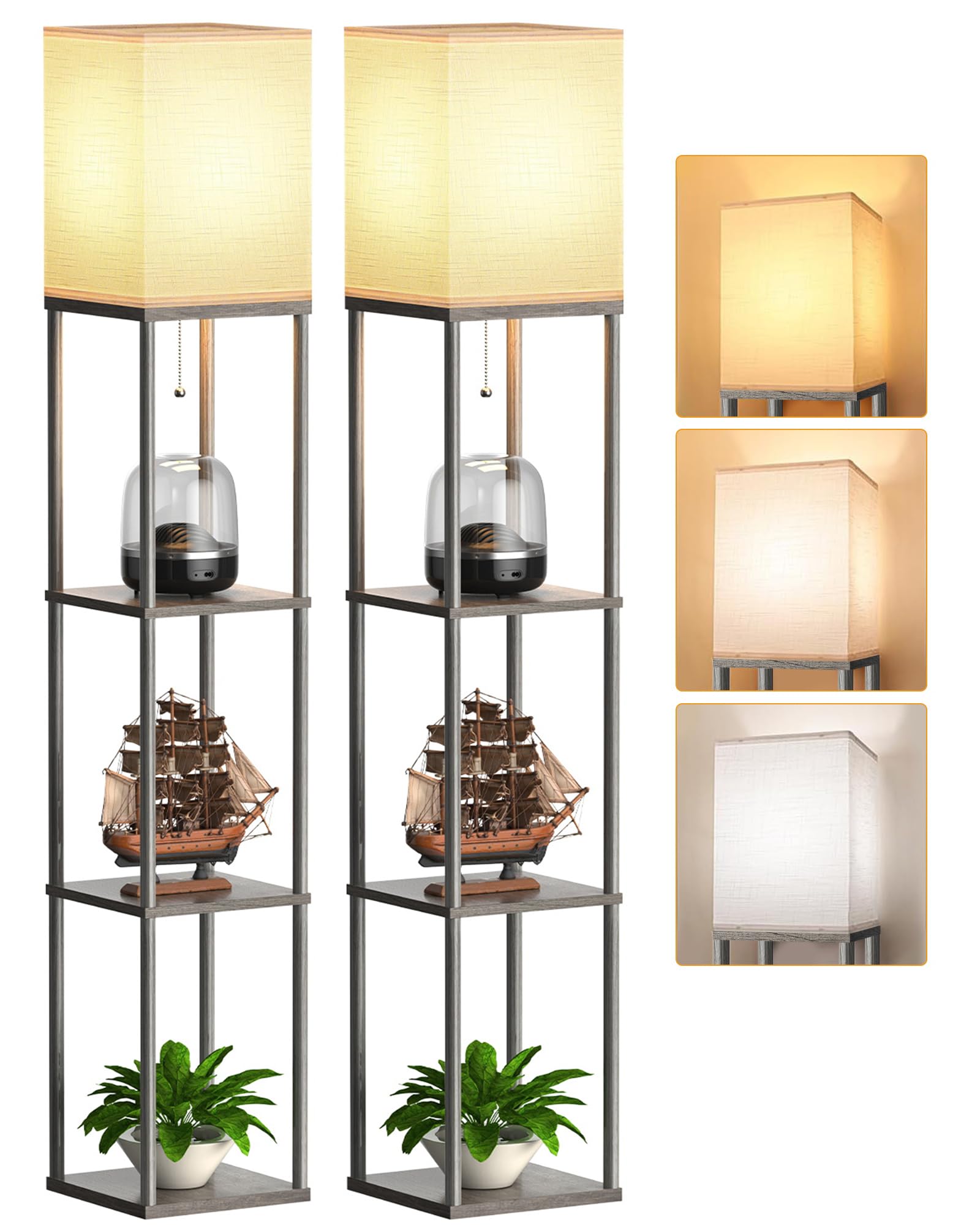 Floor Lamp with Shelves for Living Room 2 Pack, Shelf Floor Lamp with 3 CCT LED Bulb, Corner Display Standing Column Lamp Etagere Organizer Tower Nightstand with White Linen Shade for Bedroom, Office