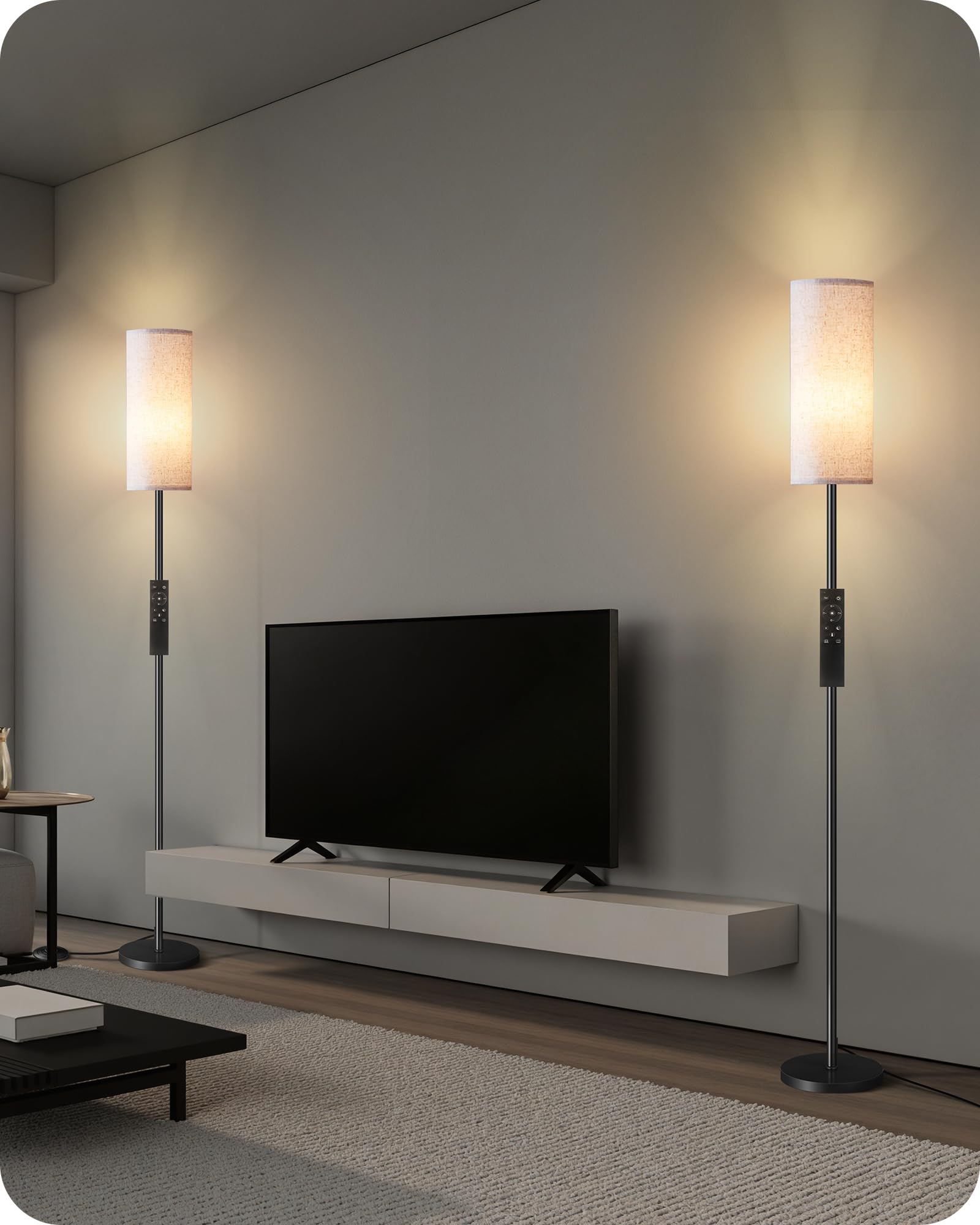 Set of 2 Dimmable Floor Lamps for Living Room with 2 Remotes and Foot Switch, Modern Standing Tall Lamp, Corner Lamp for Bedroom, Bulb Included, 3000K-6500K, Beige and Gold DE06LDP205W1