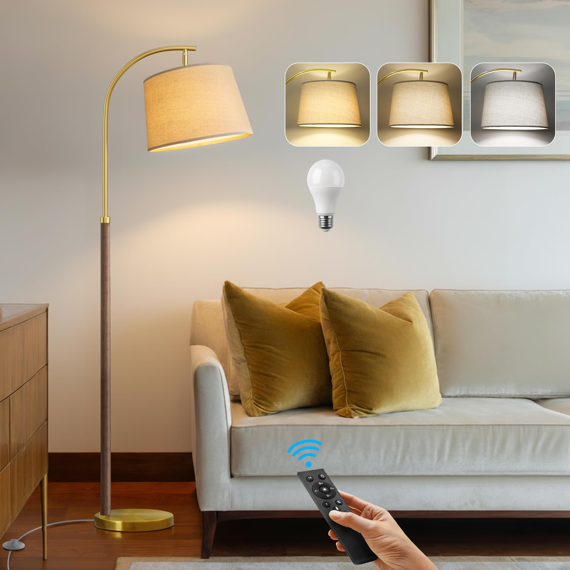 62.5" Wood Floor Lamp for Living Room Gold with Foot Switch Arc Standing Tall Lamps for Bedroom Mid Century Modern Corner Floor Lamps for Office Nursery Industrial Reading Light Room Lamp