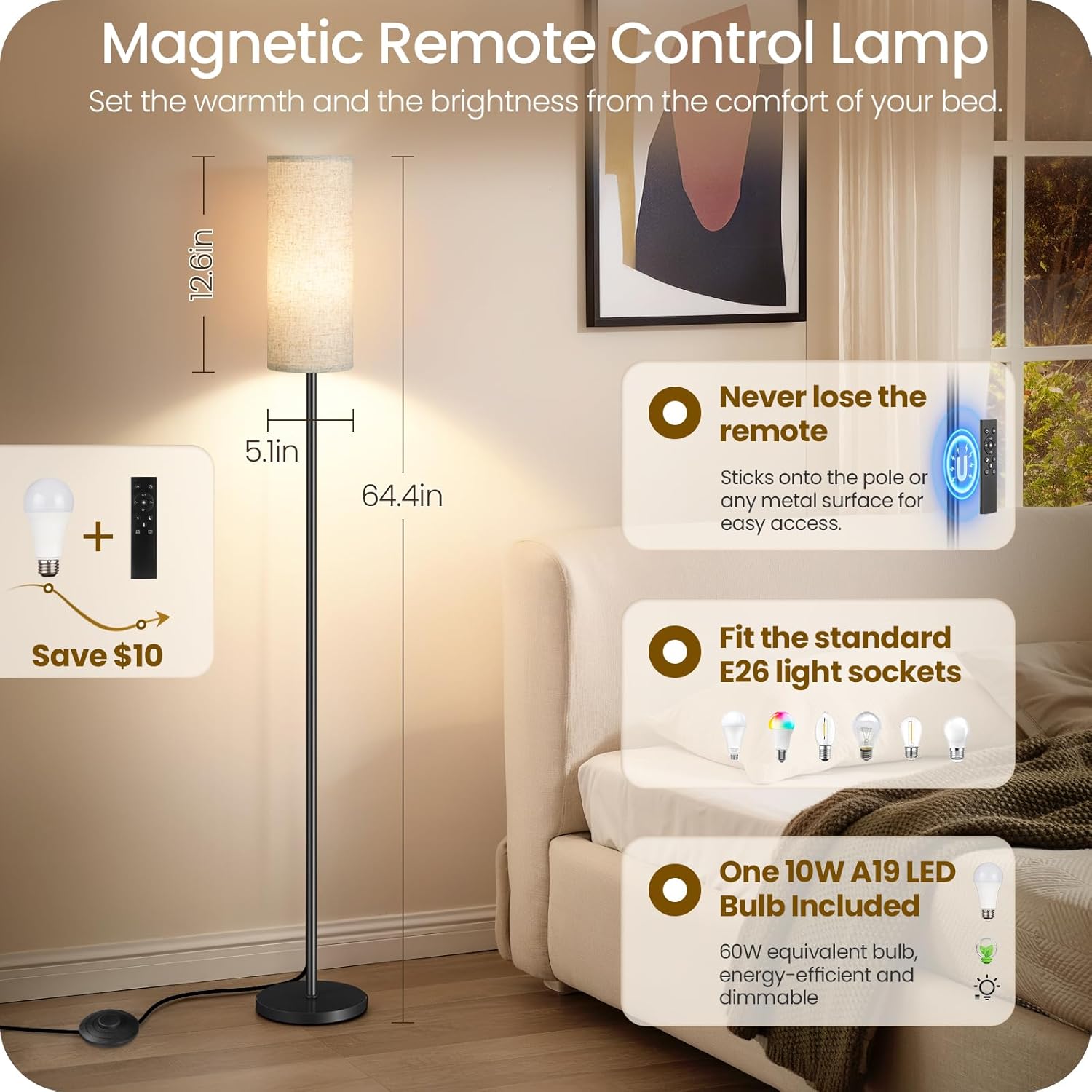 Set of 2 Dimmable Floor Lamps for Living Room with 2 Remotes and Foot Switch, 64.4”Modern Standing Tall Lamp, Corner Lamp for Bedroom, Bulb Included, 3000K-6500K, Beige Shade E06LDP205W1