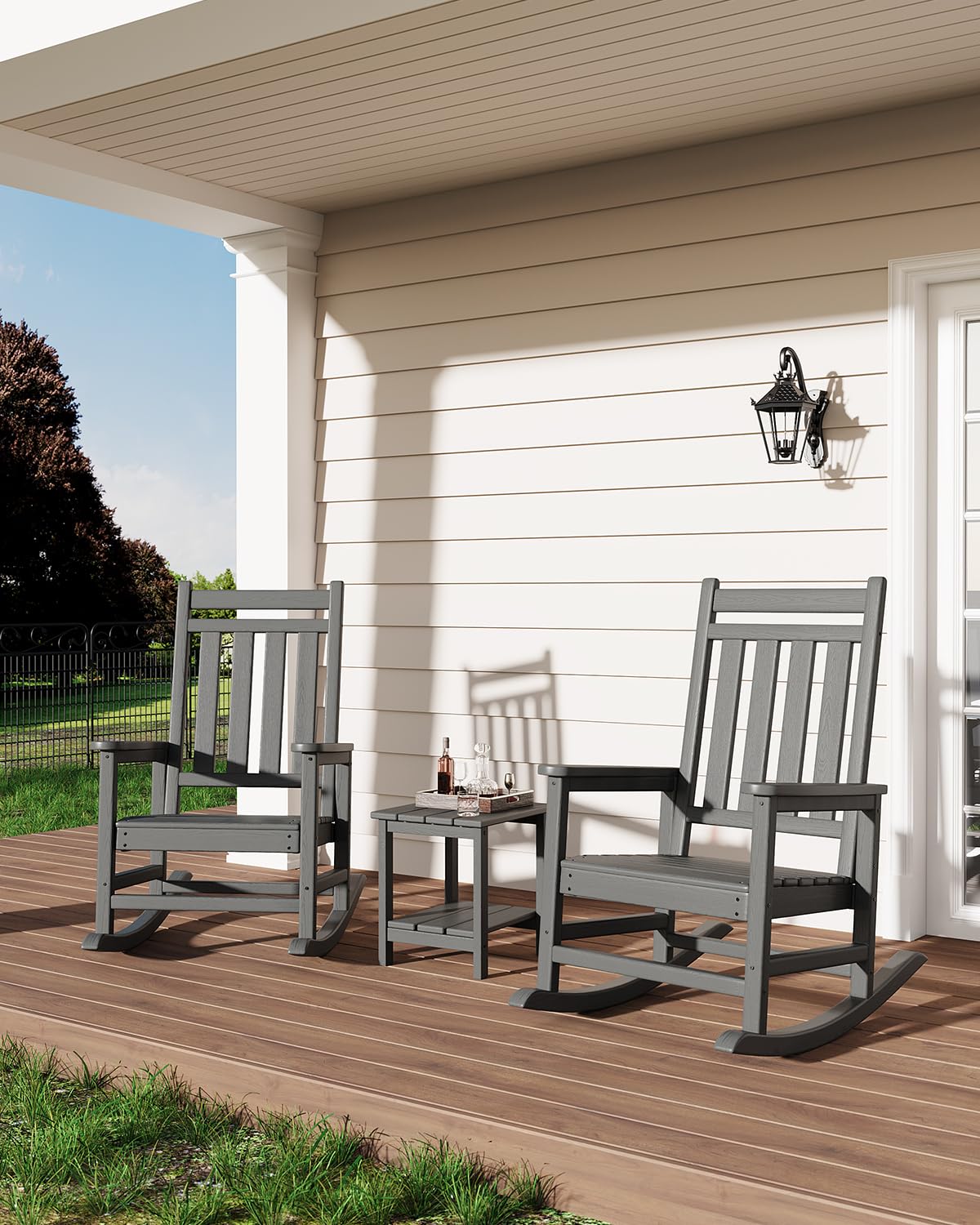 Poly Lumber Rocking Chair Outdoor Set of 2 with Side Table - HDPE High Back Porch Rocker Chairs for Adults - All Weather Resistant Furniture for Patio - Black