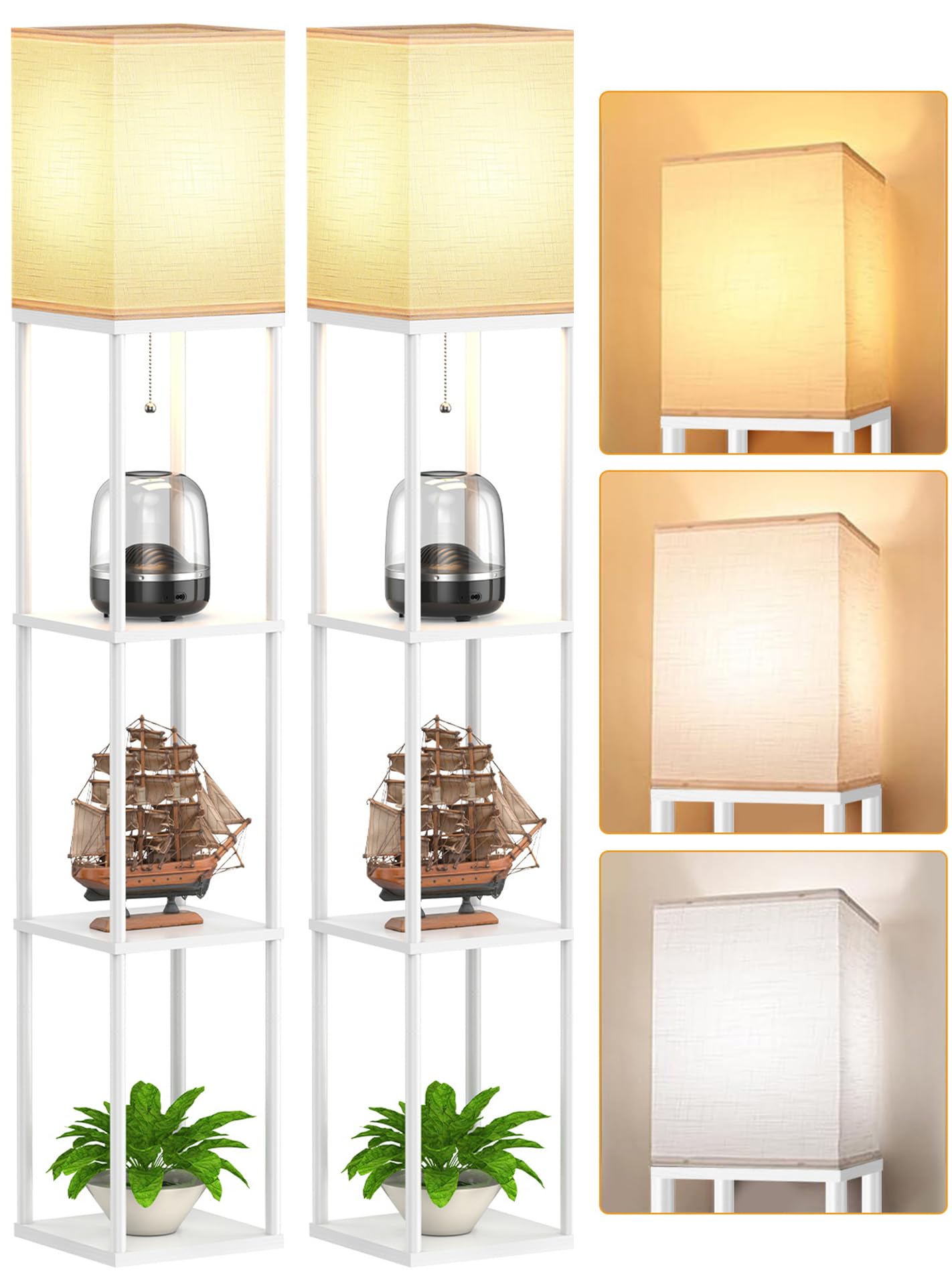 Floor Lamp with Shelves for Living Room 2 Pack, Shelf Floor Lamp with 3 CCT LED Bulb, Corner Display Standing Column Lamp Etagere Organizer Tower Nightstand with White Linen Shade for Bedroom, Office