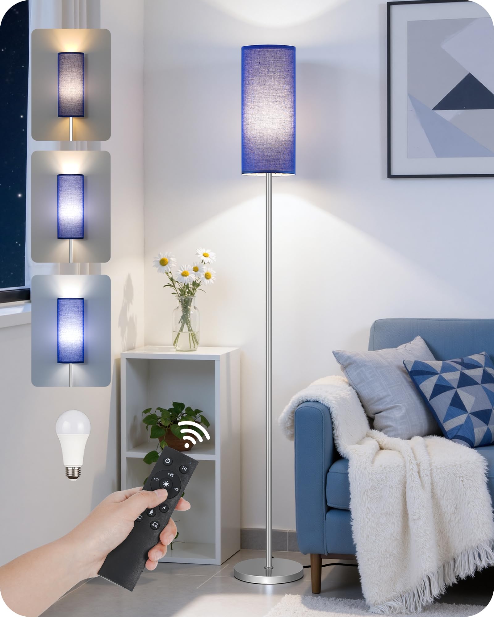Set of 2 Dimmable Floor Lamps for Living Room with 2 Remotes and Foot Switch, 64.4”Modern Standing Lamp, Corner Lamp for Bedroom, Bulb Included, 3000K-6500K, White and Gold DCW06LDP205W1