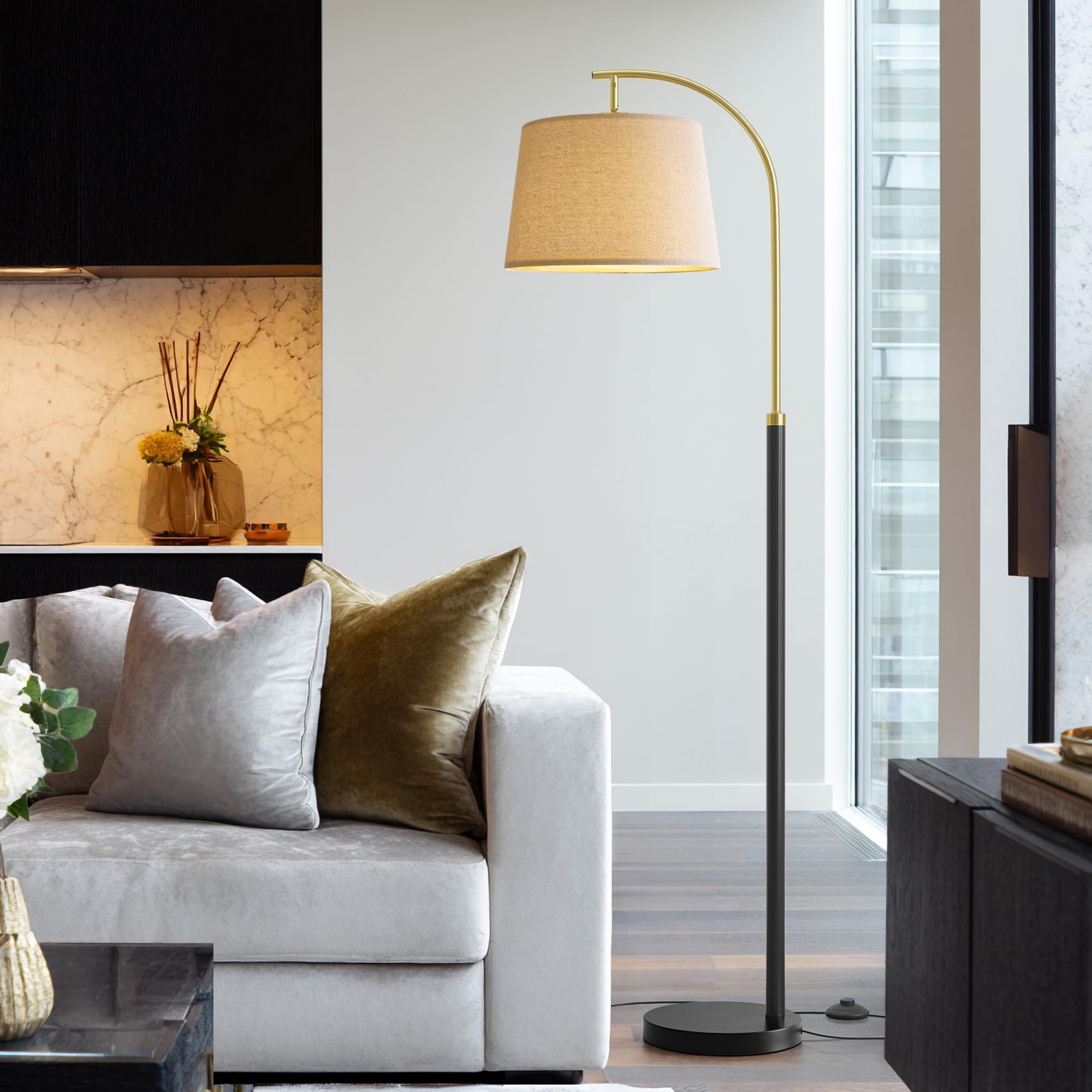 62.5" Wood Floor Lamp for Living Room Gold with Foot Switch Arc Standing Tall Lamps for Bedroom Mid Century Modern Corner Floor Lamps for Office Nursery Industrial Reading Light Room Lamp