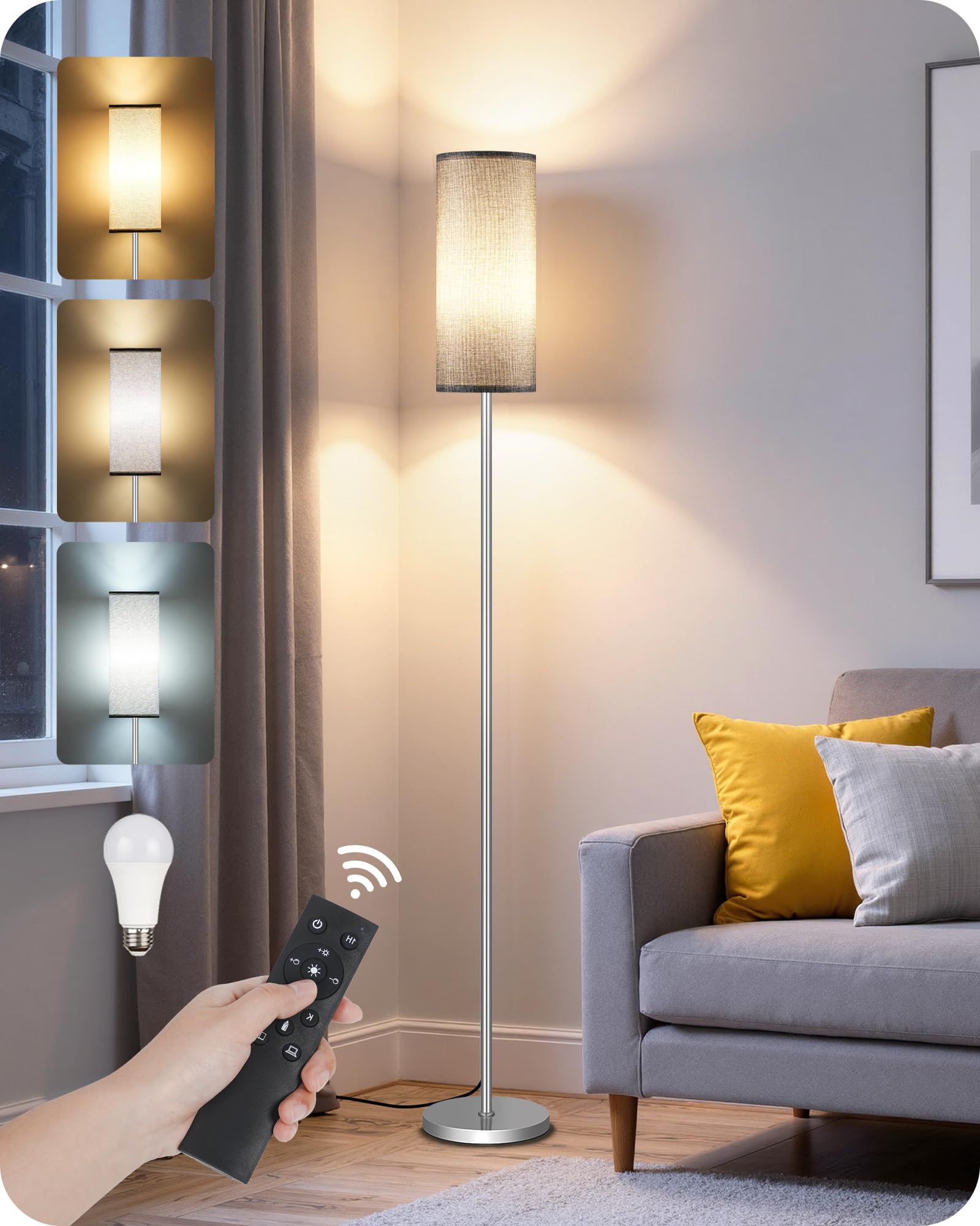 Set of 2 Dimmable Floor Lamps for Living Room with 2 Remotes and Foot Switch, 64.4”Modern Standing Lamp, Corner Lamp for Bedroom, Bulb Included, 3000K-6500K, White and Gold DCW06LDP205W1