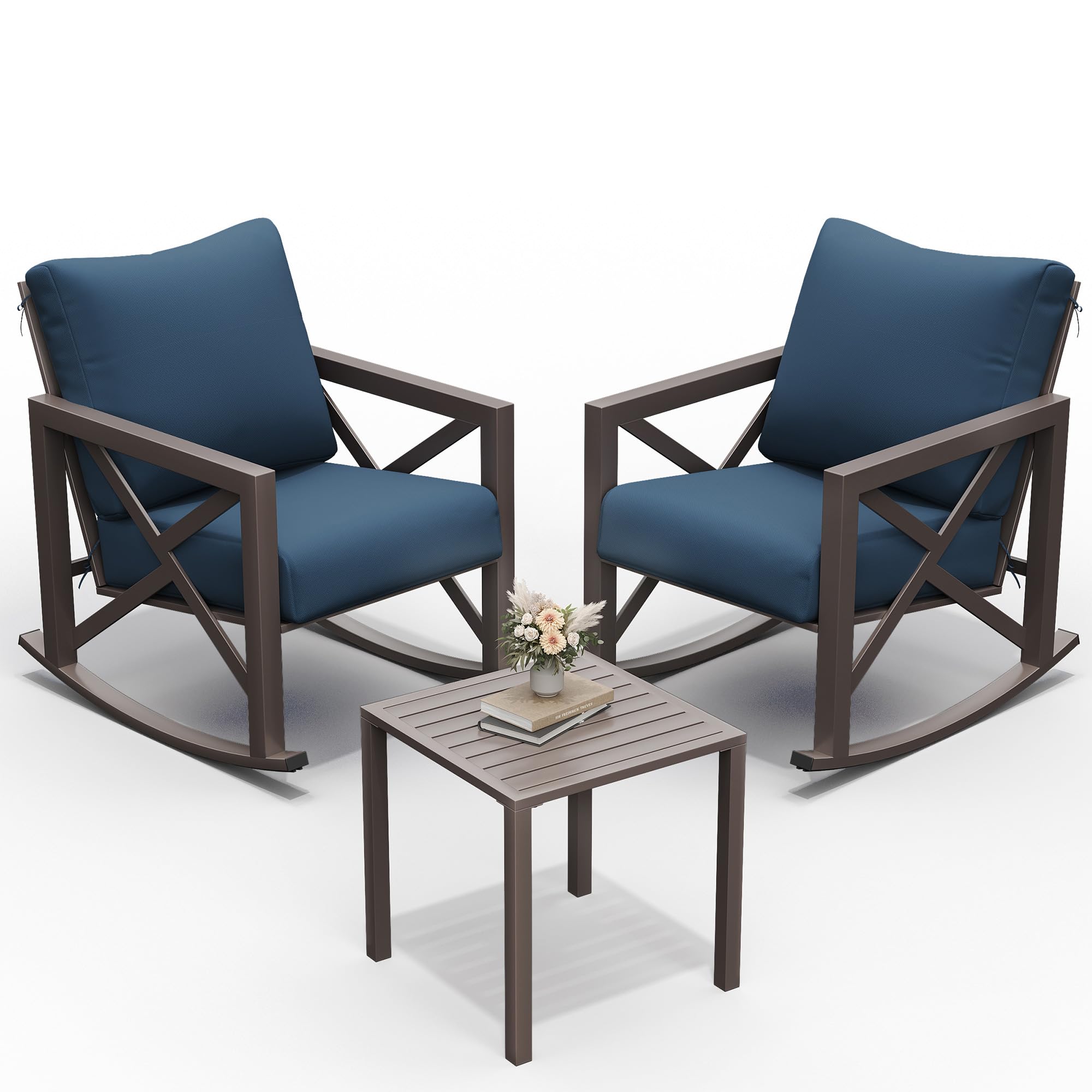 UDPATIO Rocking Chair Outdoor Set 2 with Coffee Table, 3 Piece Metal Rocking Bistro Set with 6.5" Water-Resistant Cushions, Oversized, 350lbs Heavy-Duty, for Porch, Patio, Balcony, Beige