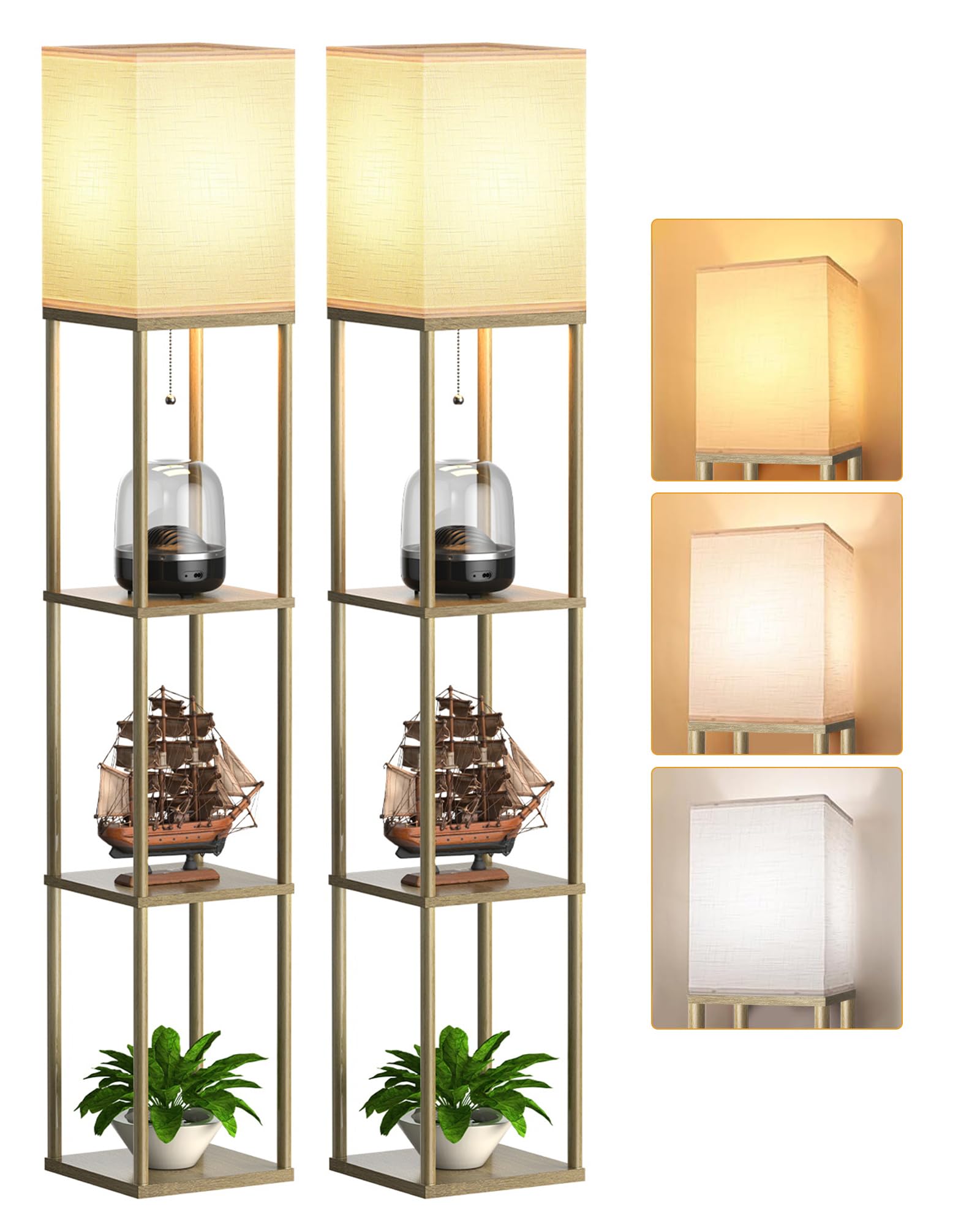 Floor Lamp with Shelves for Living Room 2 Pack, Shelf Floor Lamp with 3 CCT LED Bulb, Corner Display Standing Column Lamp Etagere Organizer Tower Nightstand with White Linen Shade for Bedroom, Office