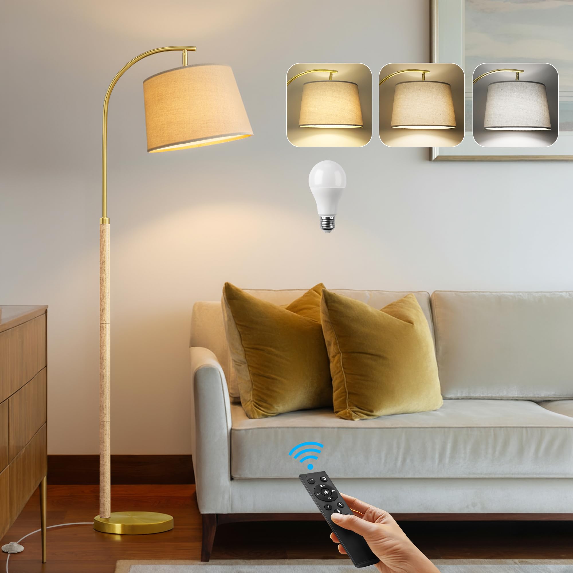 62.5" Wood Floor Lamp for Living Room Gold with Foot Switch Arc Standing Tall Lamps for Bedroom Mid Century Modern Corner Floor Lamps for Office Nursery Industrial Reading Light Room Lamp