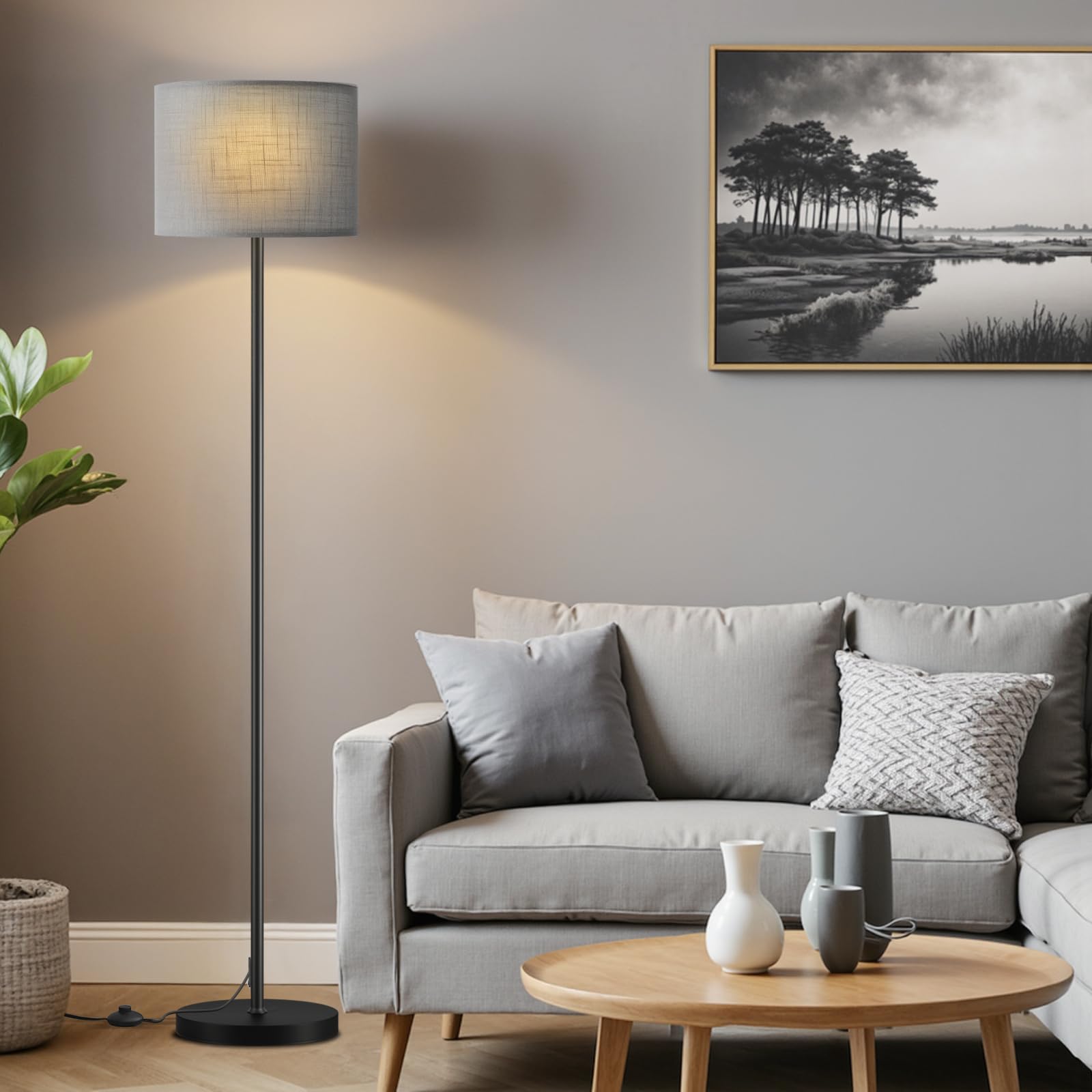 Ambimall 60'' Modern Floor Lamp Set of 2, 2PK Tall Lamps for Living Room Bedroom, Beige Shade with Black Pole(Without Bulb)
