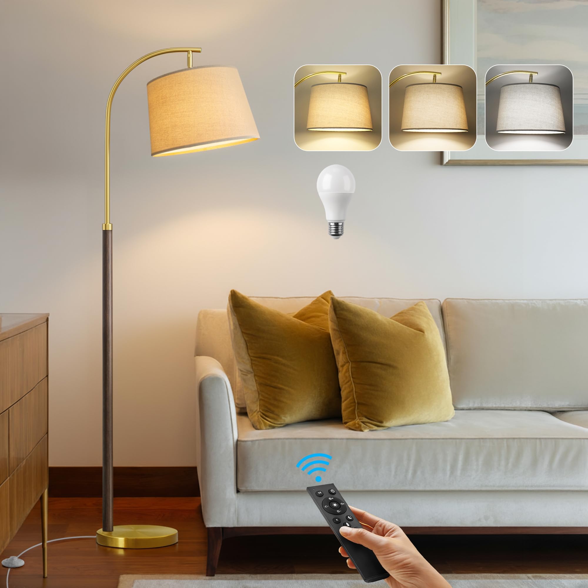 62.5" Wood Floor Lamp for Living Room Gold with Foot Switch Arc Standing Tall Lamps for Bedroom Mid Century Modern Corner Floor Lamps for Office Nursery Industrial Reading Light Room Lamp
