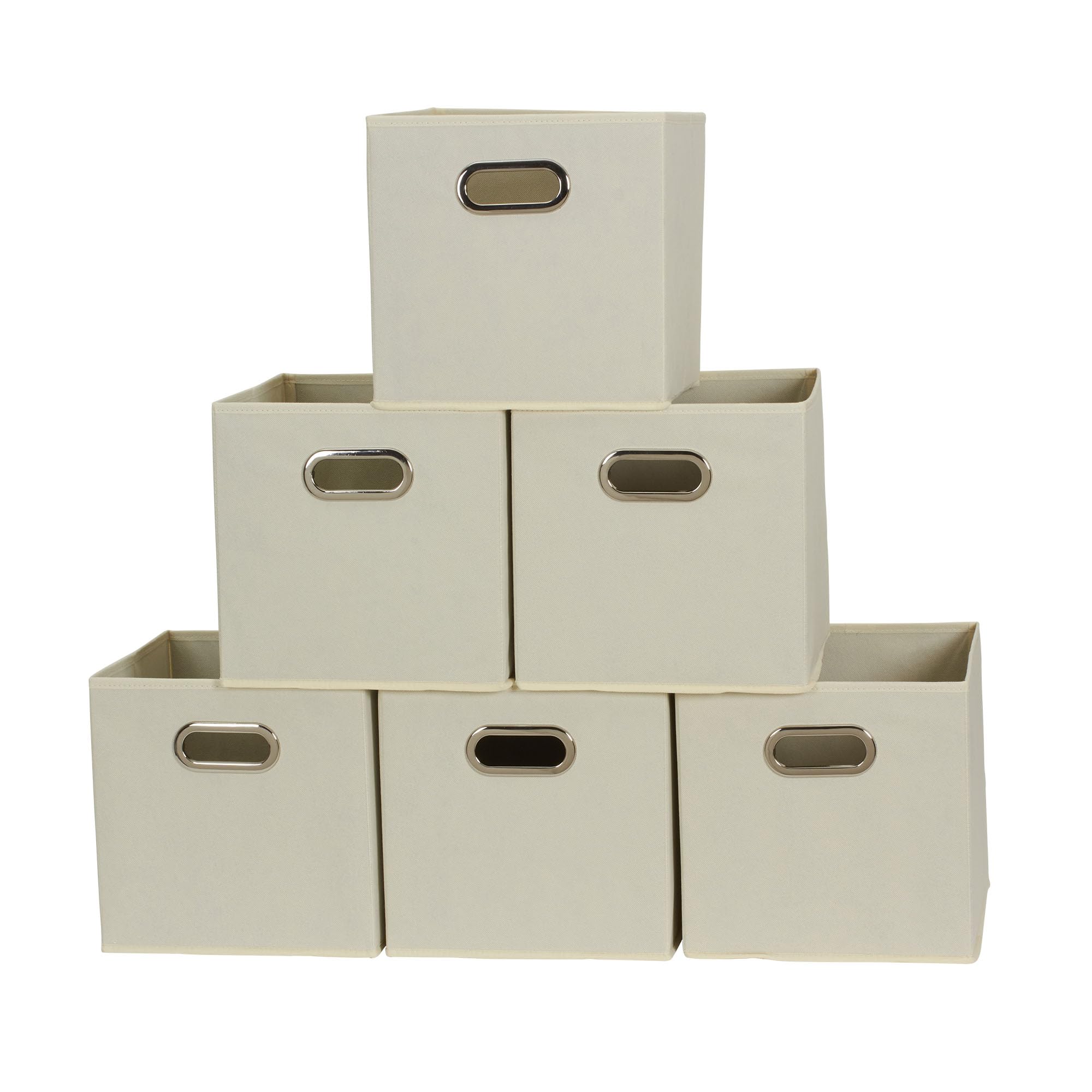 Household Essentials Foldable Fabric Storage Bins 6 Piece Set, Strong Poly-Woven Fabric, Sturdy Chipboard Sides, Grommet Front Handle, Stackable and Foldable, Classic Design, Black