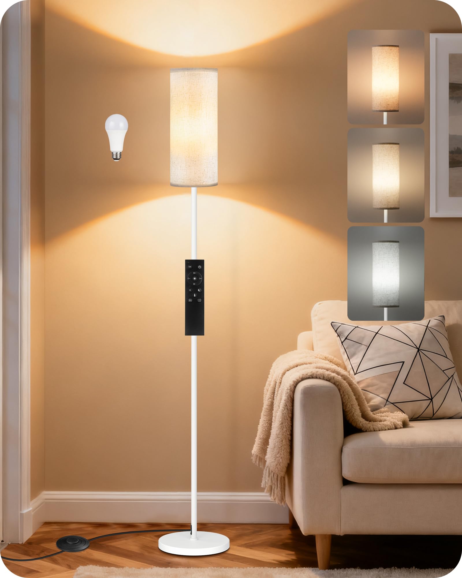Set of 2 Dimmable Floor Lamps for Living Room with 2 Remotes and Foot Switch, Modern Standing Tall Lamp, Corner Lamp for Bedroom, Bulb Included, 3000K-6500K, Beige and Gold DE06LDP205W1