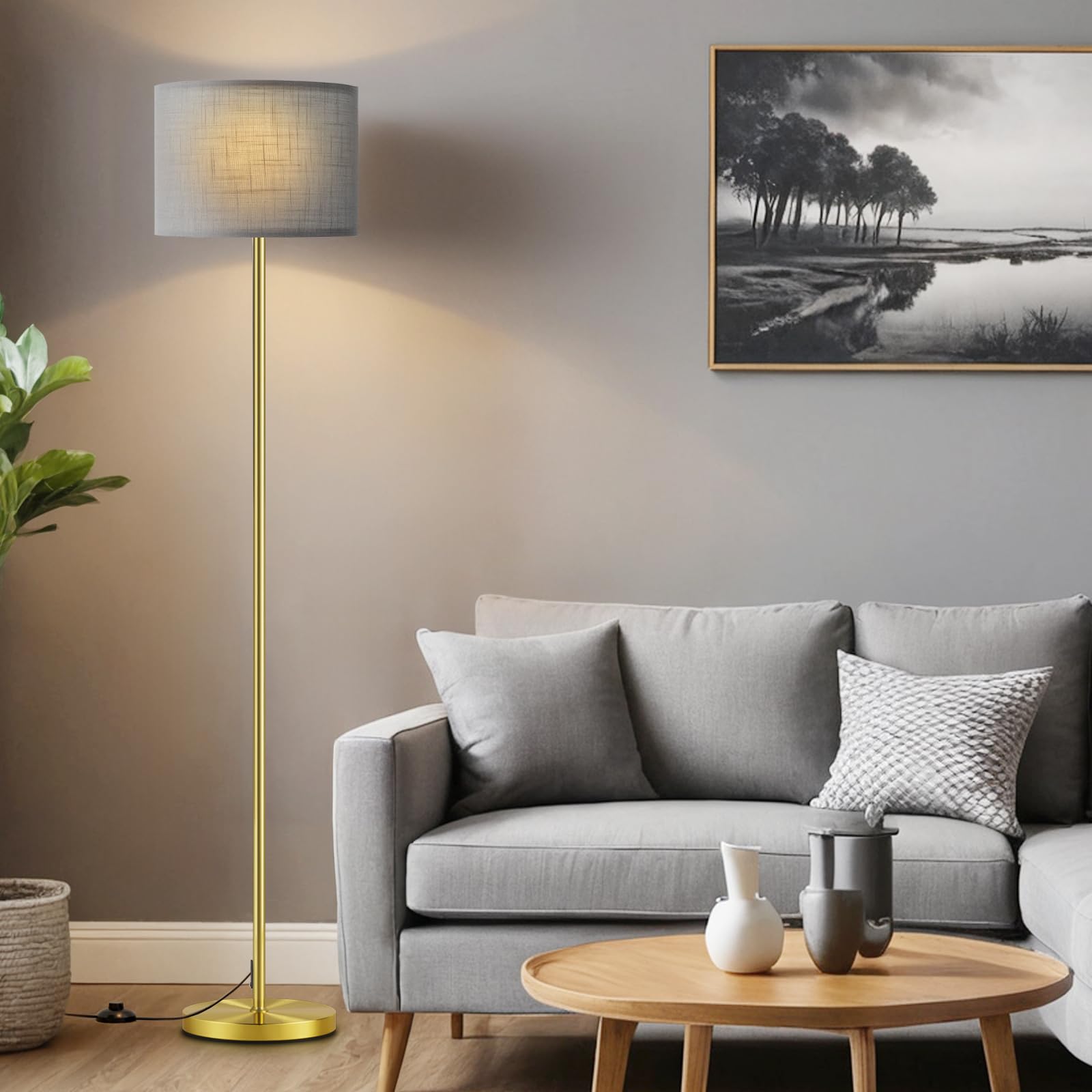 Ambimall 60'' Modern Floor Lamp Set of 2, 2PK Tall Lamps for Living Room Bedroom, Beige Shade with Black Pole(Without Bulb)