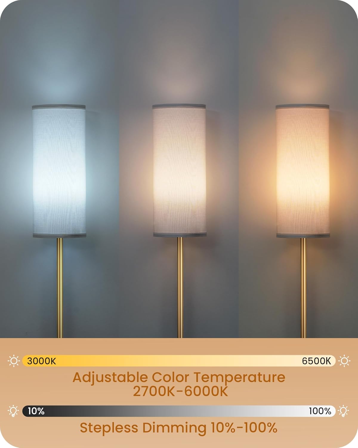 Set of 2 Dimmable Floor Lamps for Living Room with 2 Remotes and Foot Switch, 64.4”Modern Standing Lamp, Corner Lamp for Bedroom, Bulb Included, 3000K-6500K, White and Gold DCW06LDP205W1