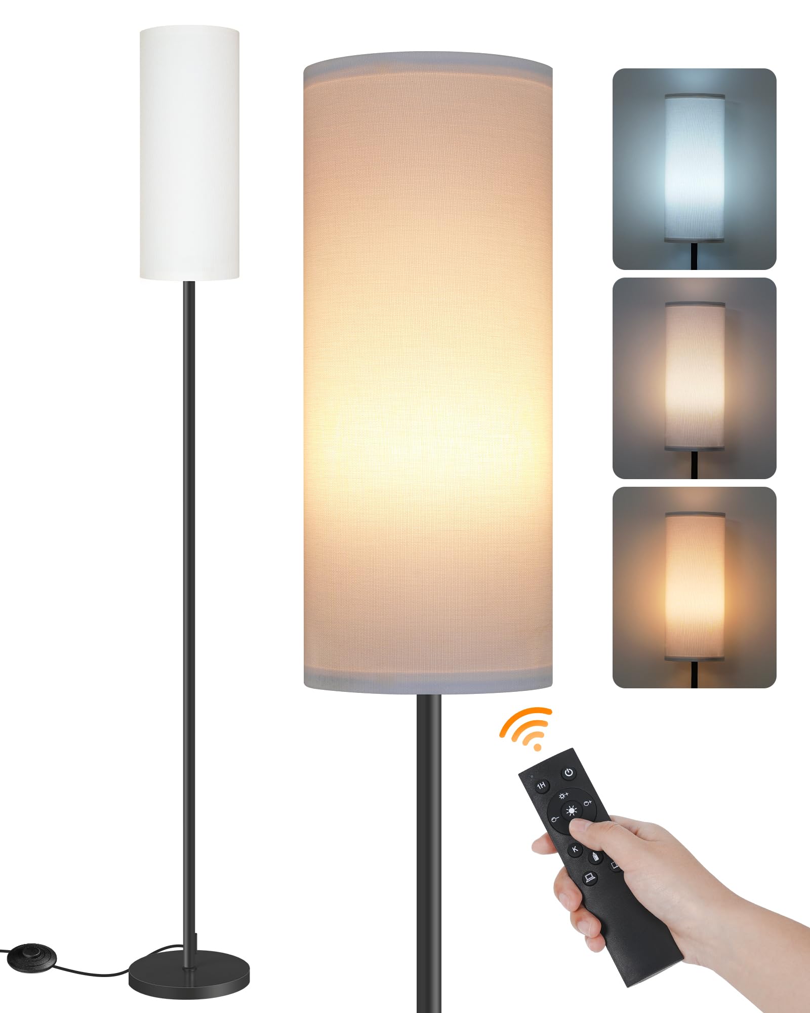 Set of 2 Dimmable Floor Lamps for Living Room with 2 Remotes and Foot Switch, 64.4”Modern Standing Tall Lamp, Corner Lamp for Bedroom, Bulb Included, 3000K-6500K, Beige Shade E06LDP205W1