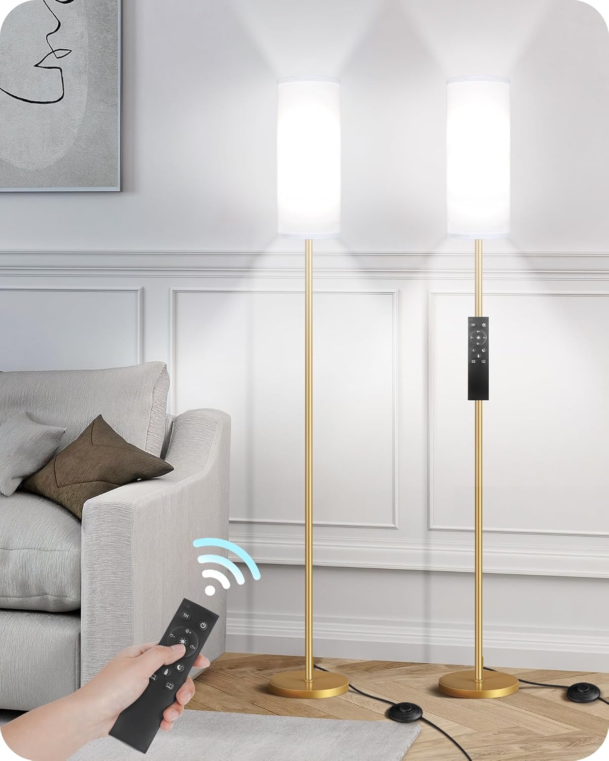 Set of 2 Dimmable Floor Lamps for Living Room with 2 Remotes and Foot Switch, 64.4”Modern Standing Lamp, Corner Lamp for Bedroom, Bulb Included, 3000K-6500K, White and Gold DCW06LDP205W1