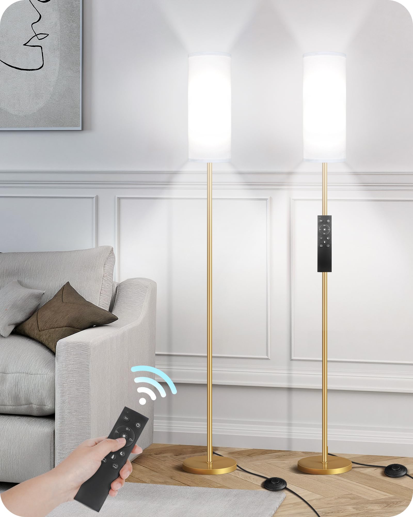 Set of 2 Dimmable Floor Lamps for Living Room with 2 Remotes and Foot Switch, 64.4”Modern Standing Lamp, Corner Lamp for Bedroom, Bulb Included, 3000K-6500K, White and Gold DCW06LDP205W1