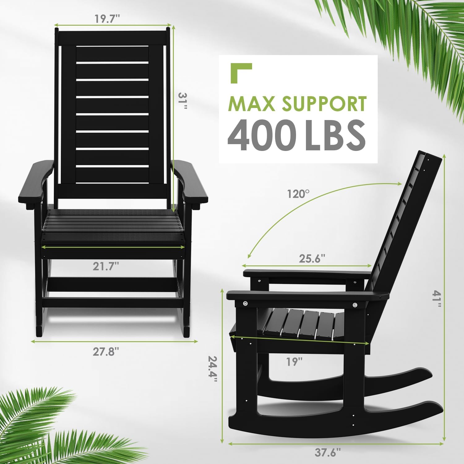 GREENVINES Outdoor Rocking Chairs | Set of 2 | Porch Rocker | HDPE Plastic | Black | Oversized Rockers | High Back | Big & Tall | Ladder Back | for Patio Outside Backyard Balcony