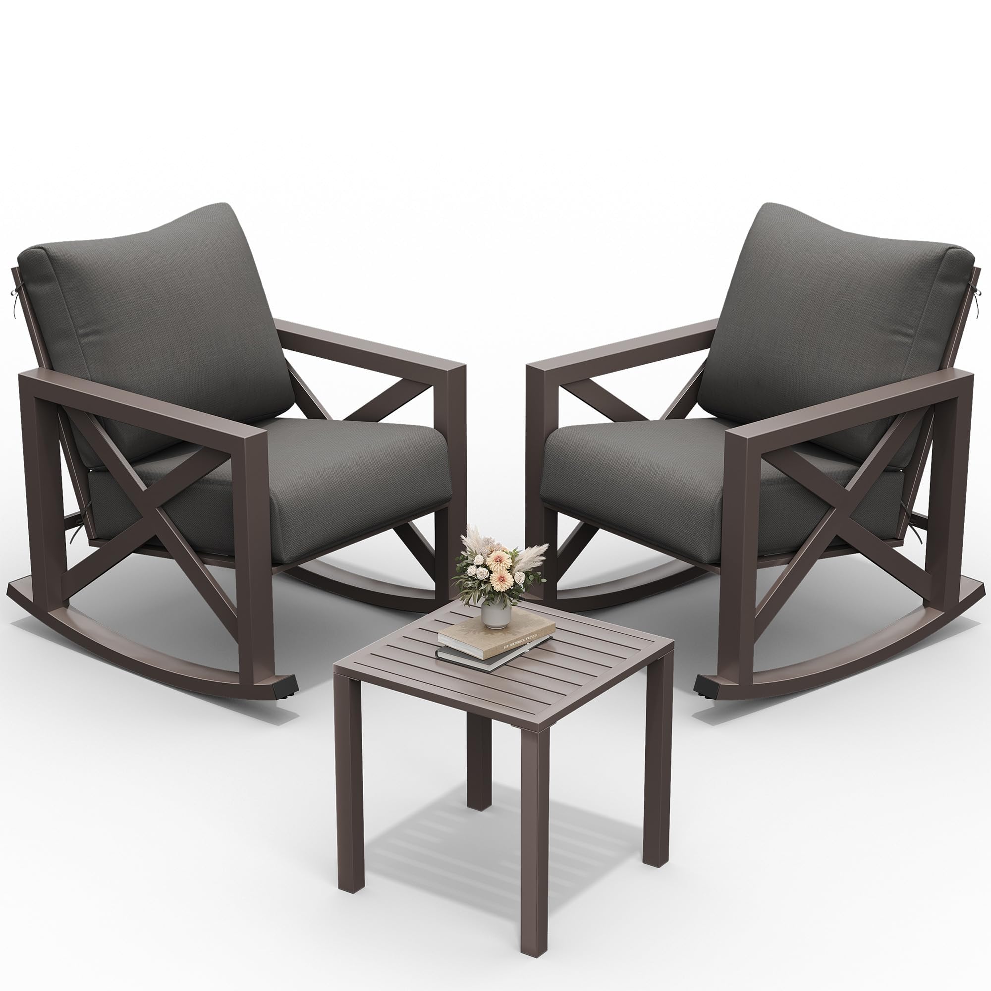 UDPATIO Rocking Chair Outdoor Set 2 with Coffee Table, 3 Piece Metal Rocking Bistro Set with 6.5" Water-Resistant Cushions, Oversized, 350lbs Heavy-Duty, for Porch, Patio, Balcony, Beige