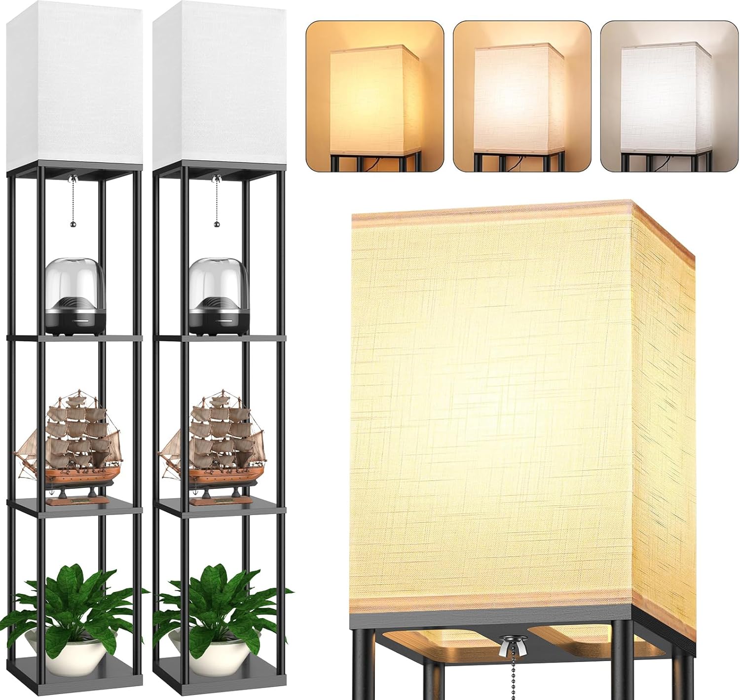 Floor Lamp with Shelves for Living Room 2 Pack, Shelf Floor Lamp with 3 CCT LED Bulb, Corner Display Standing Column Lamp Etagere Organizer Tower Nightstand with White Linen Shade for Bedroom, Office