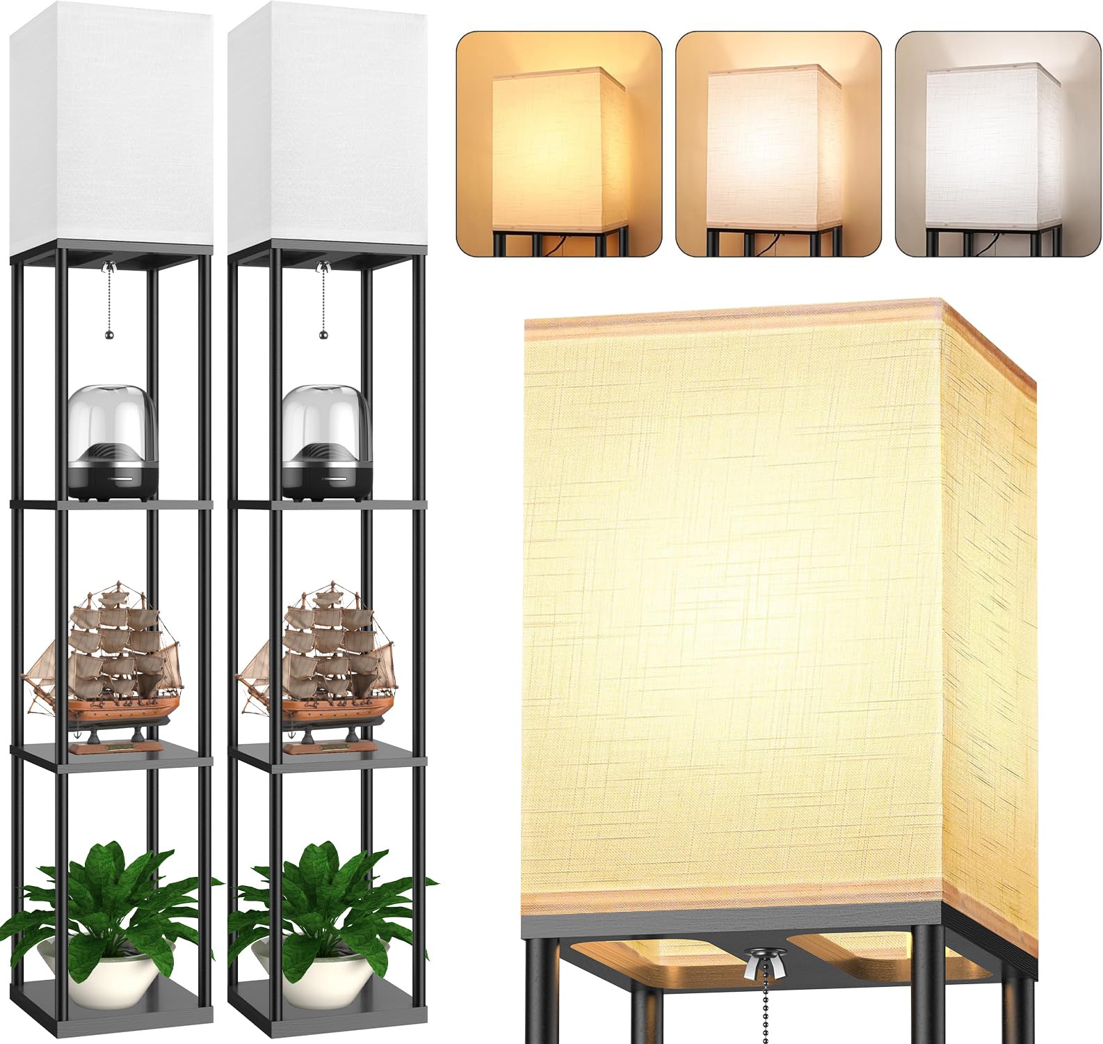 Floor Lamp with Shelves for Living Room 2 Pack, Shelf Floor Lamp with 3 CCT LED Bulb, Corner Display Standing Column Lamp Etagere Organizer Tower Nightstand with White Linen Shade for Bedroom, Office