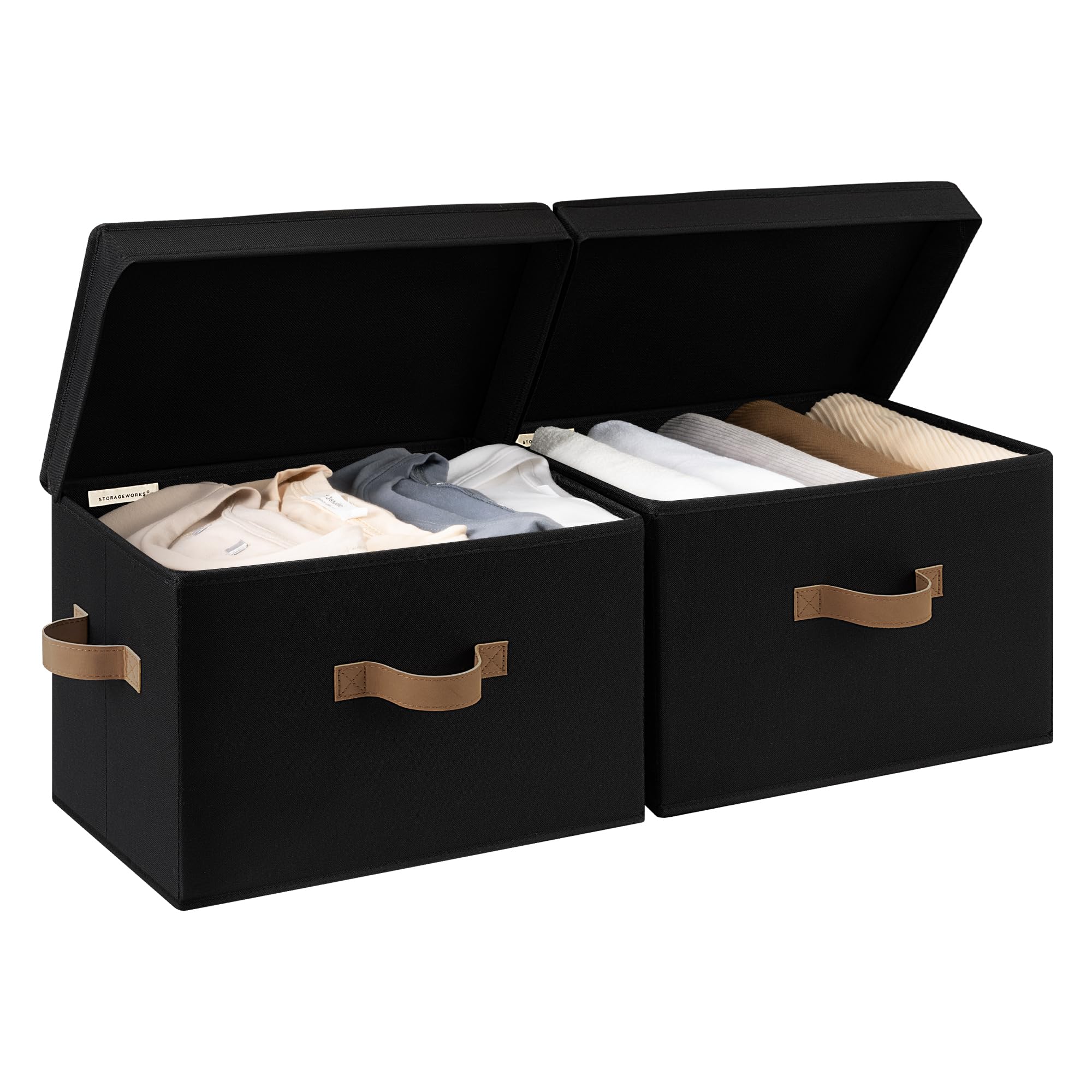 StorageWorks Fabric Storage Bins with Lid, Decorative Storage Boxes for Shelves, Stackable Closet Organizer Basket with Handles, Large, Ivory White, 2-Pack