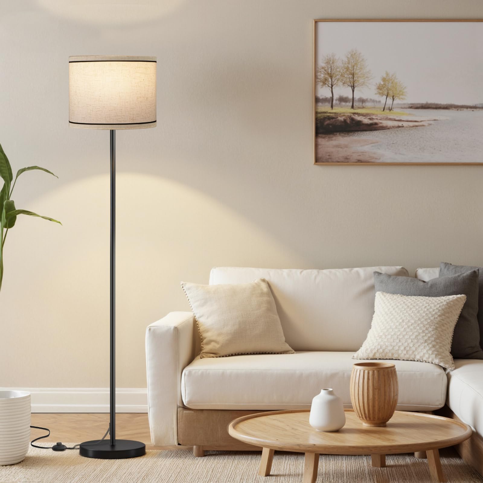 Ambimall 60'' Modern Floor Lamp Set of 2, 2PK Tall Lamps for Living Room Bedroom, Beige Shade with Black Pole(Without Bulb)