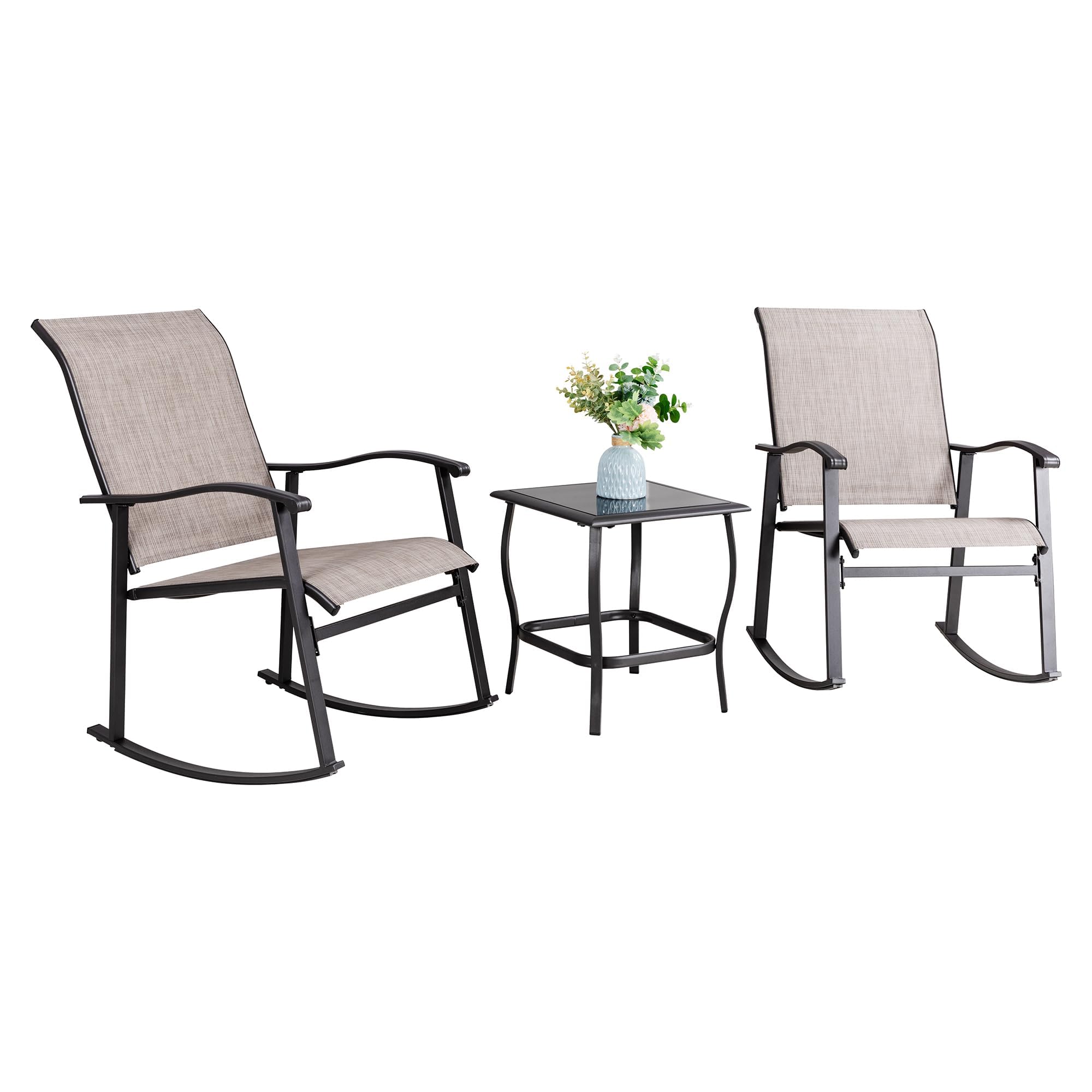 Vongrasig 3 Piece Outdoor Rocking Bistro Set, Textilene Fabric Small Patio Furniture Set, Front Porch Rocker Chairs Conversation Set with Glass Table for Lawn, Garden, Balcony, Poolside (Brown)